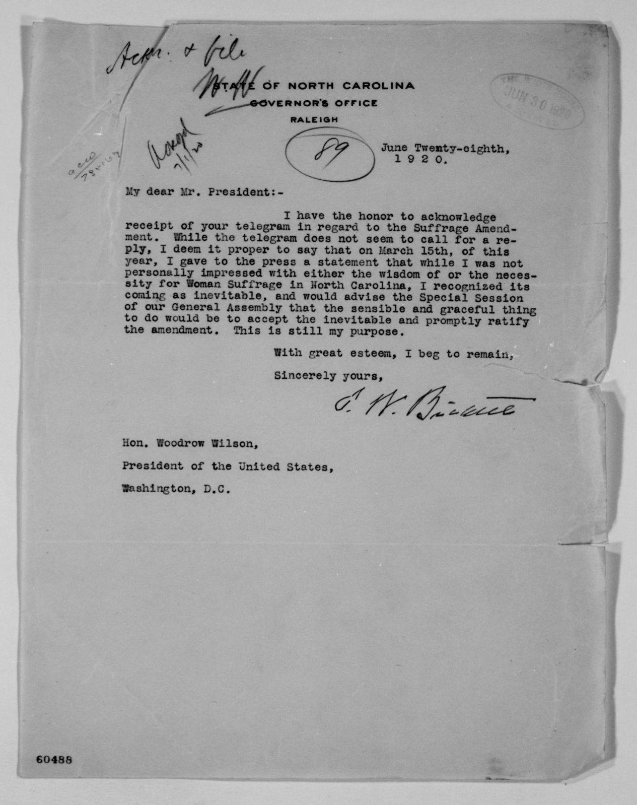 Letter from Thomas W. Bickett to Woodrow Wilson, 28 June 1920