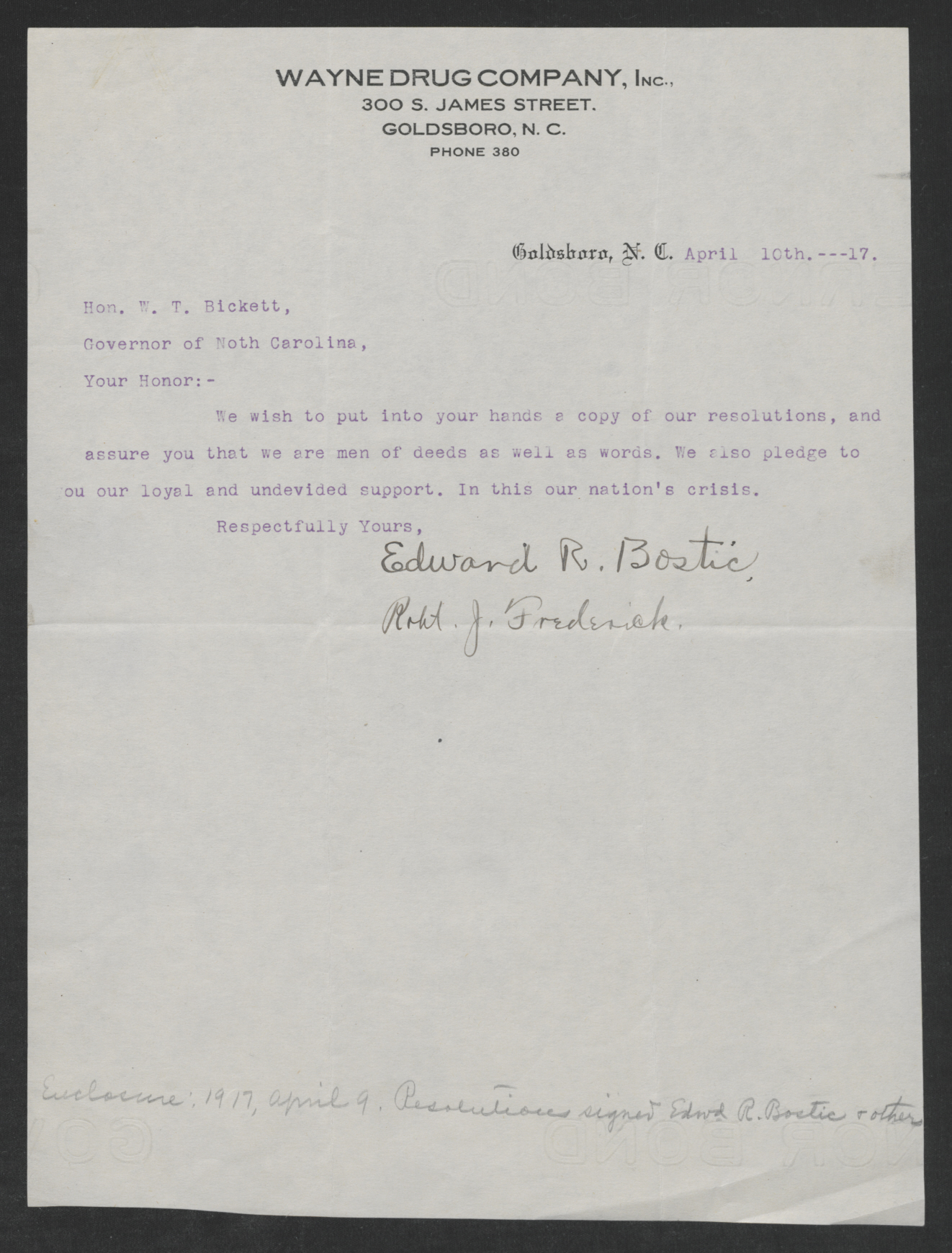 Letter from Bostic and Frederick to Gov. Bickett, April 10, 1917