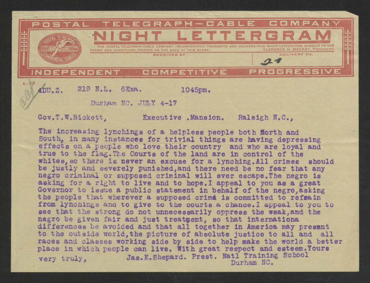 Telegram from James E. Shepard to Thomas W. Bickett, July 4, 1917