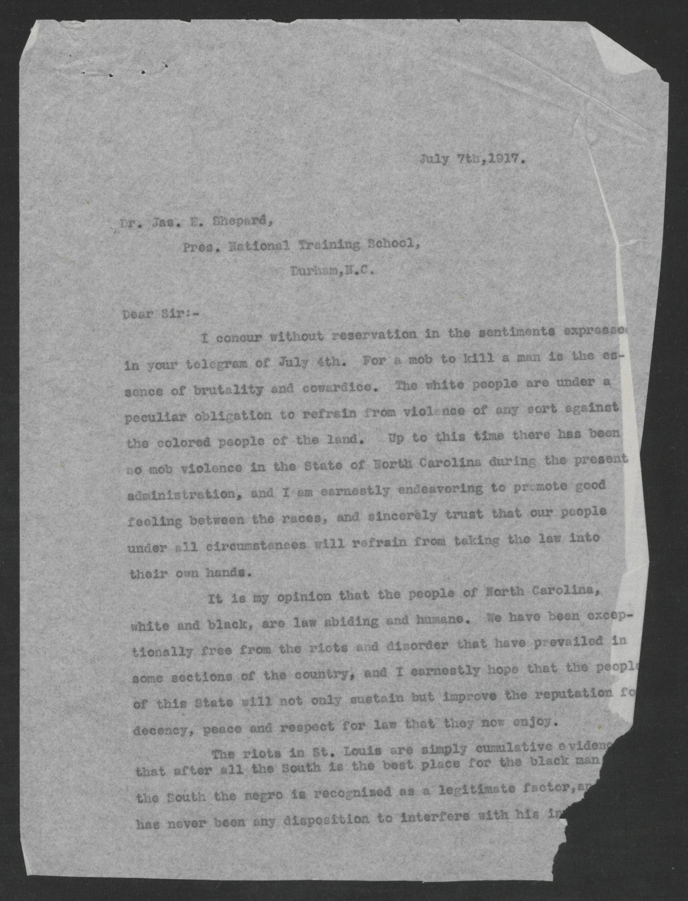 Letter from Gov. Bickett to James E. Shepard, July 7, 1917 - Page 1