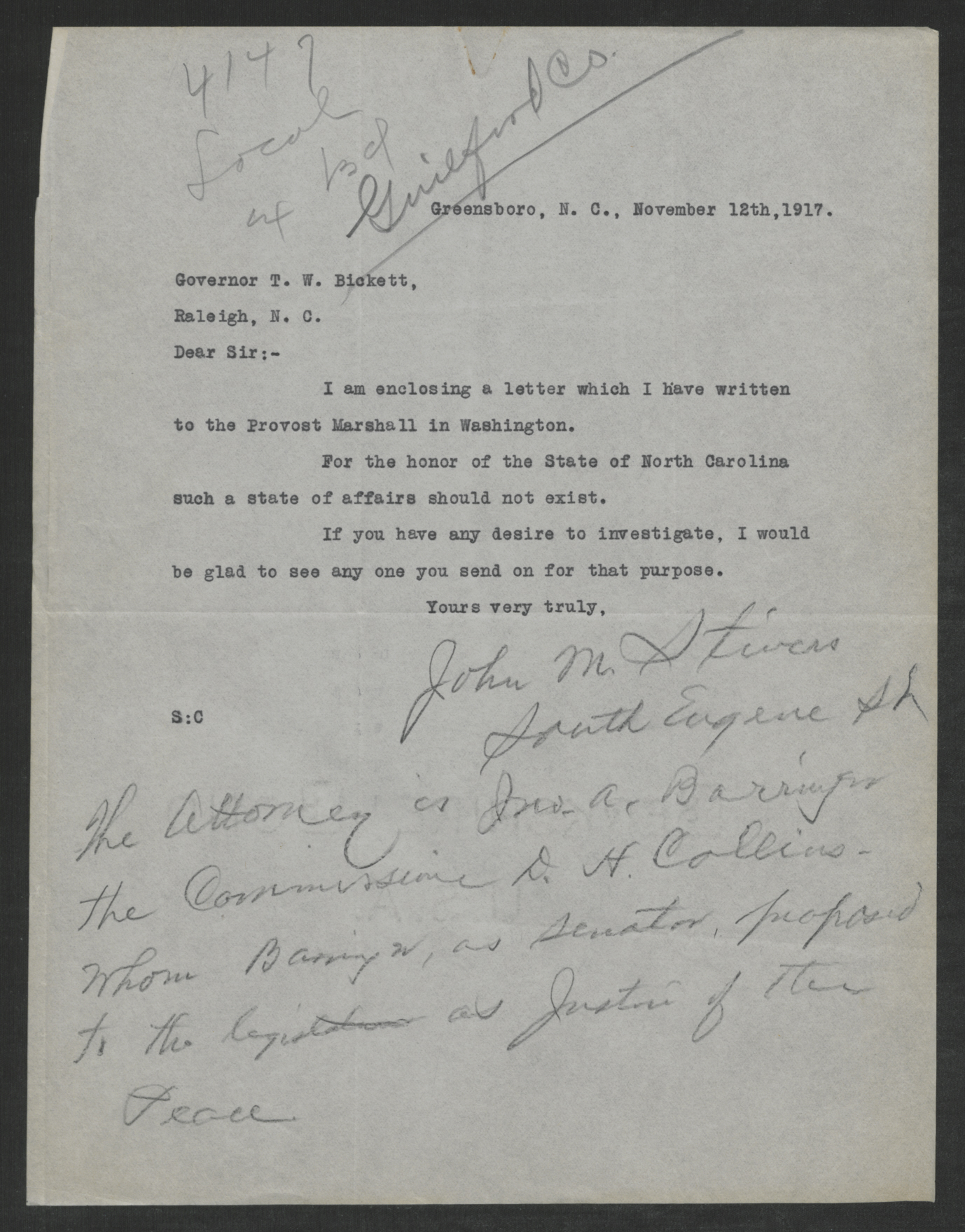 Letter from John M. Stivers to Gov. Bickett, November 12, 1917