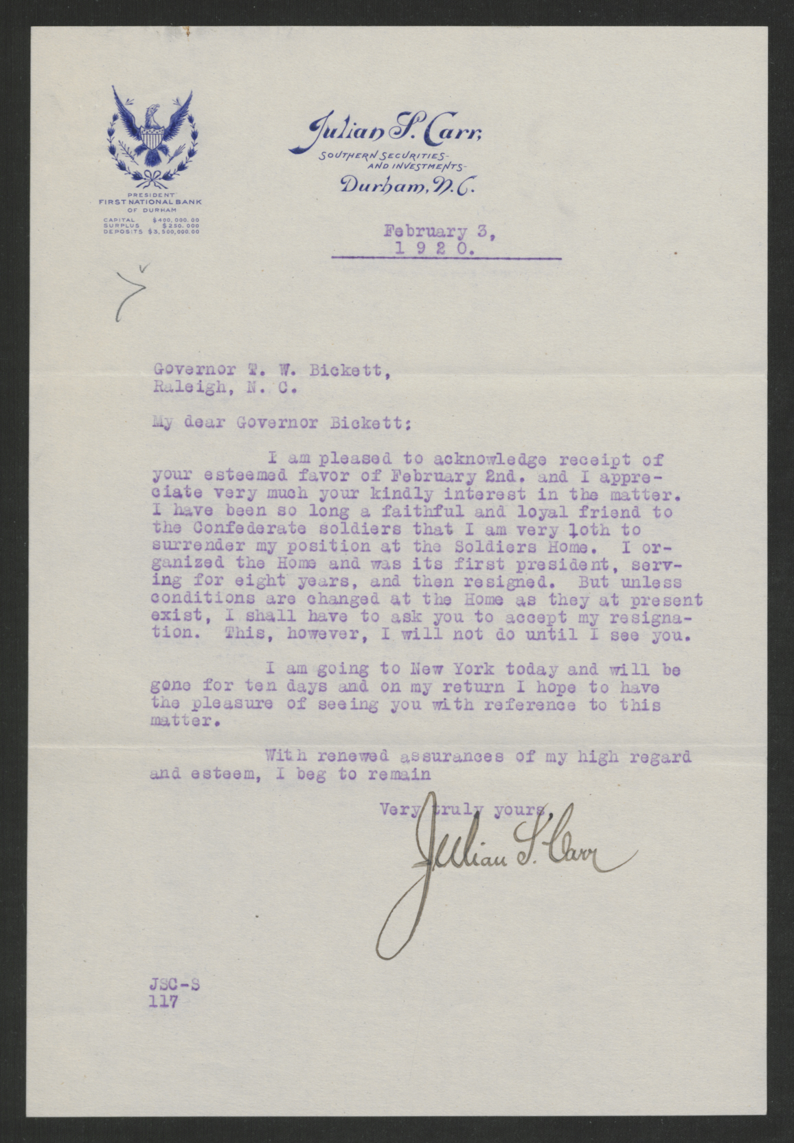 Letter from Julian S. Carr to Gov. Bickett, February 3, 1920