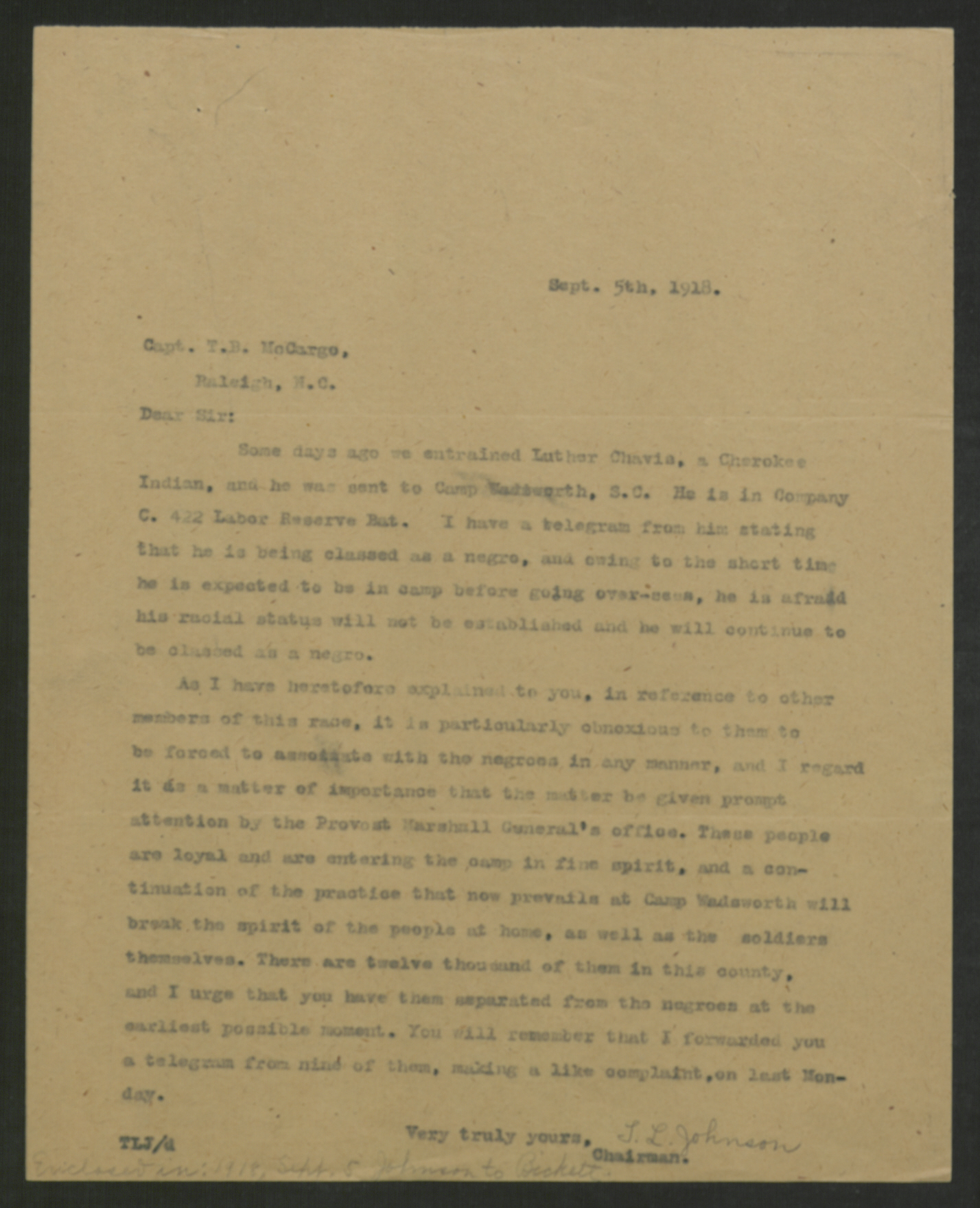 Letter from Thomas L. Johnson to Thomas B. McCargo, September 5, 1918