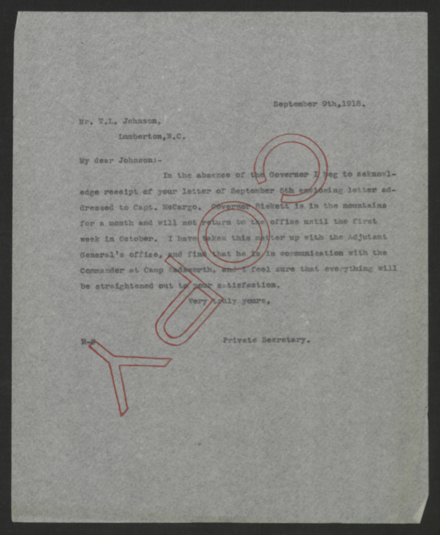 Letter from Santford Martin to Thomas L. Johnson, September 9, 1918