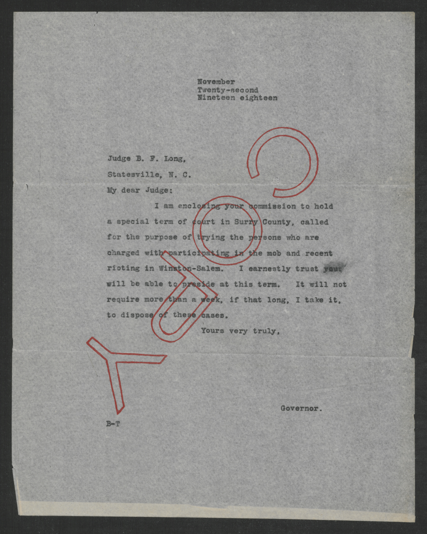 Letter from Gov. Bickett to Benjamin F. Long, November 22, 1918