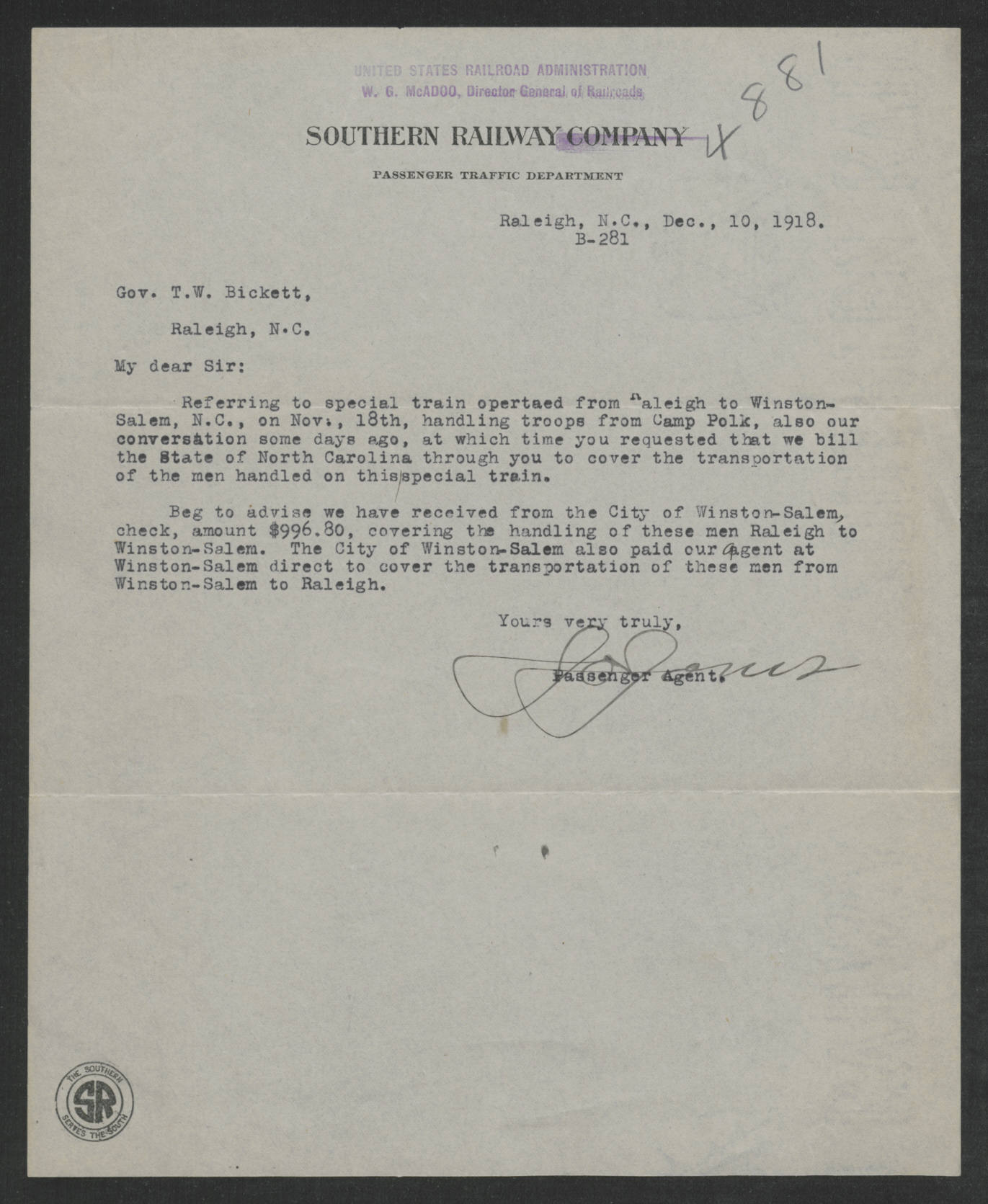 Letter from Jones to Bickett, December 10, 1918