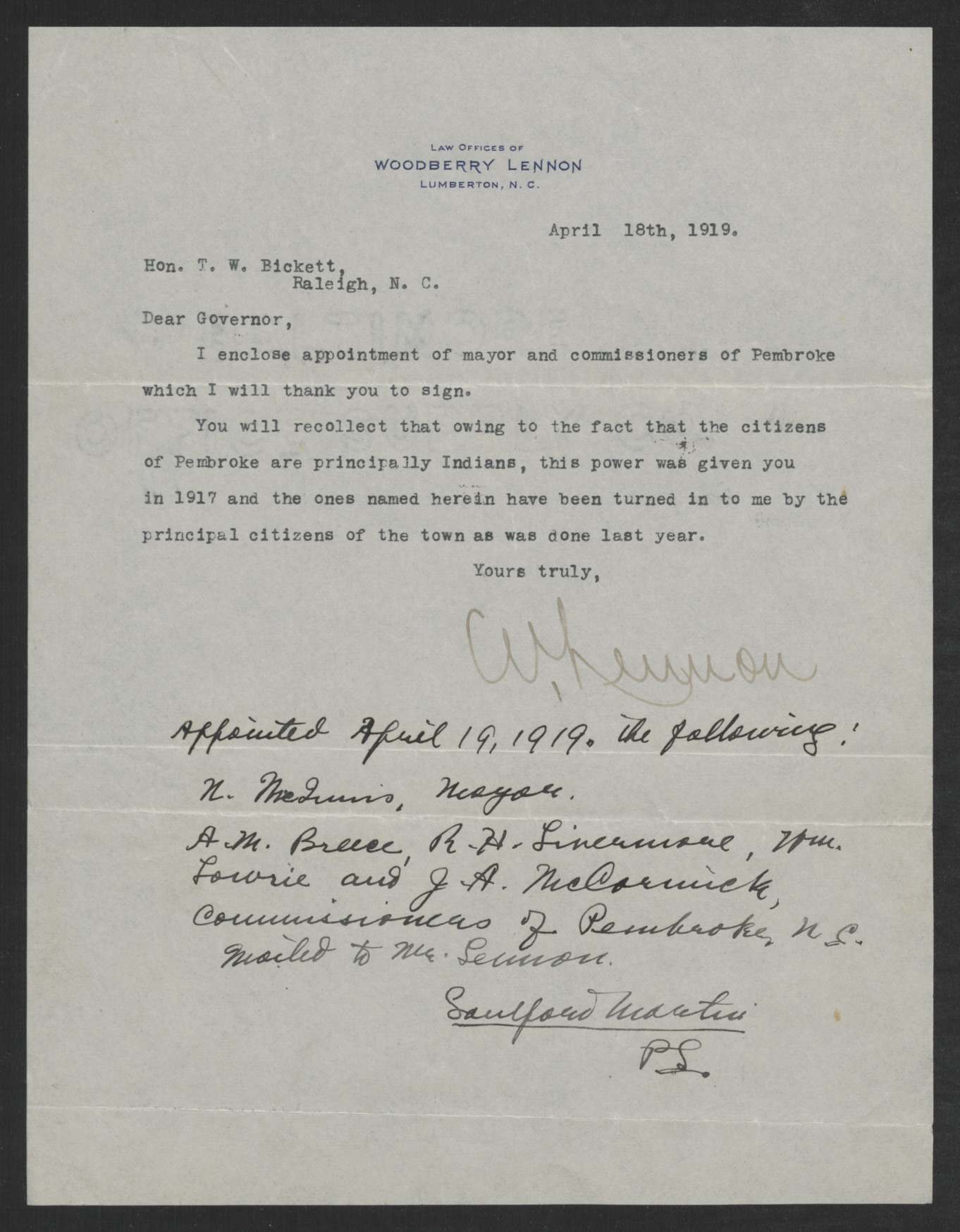 Letter from Lennon to Bickett, April 18, 1919