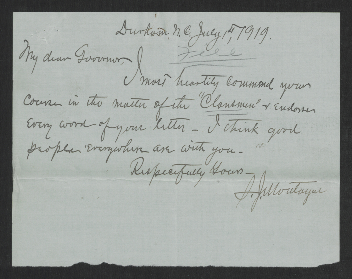 Letter from Seth J. Montague to Thomas W. Bickett, July 1, 1919