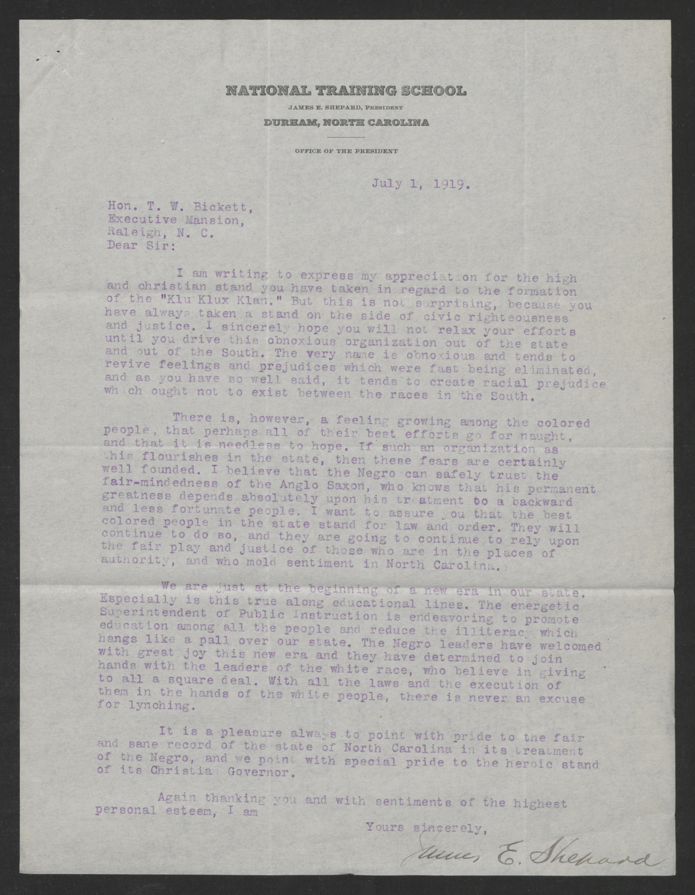 Letter from James E. Shepard to Thomas W. Bickett, July 1, 1919