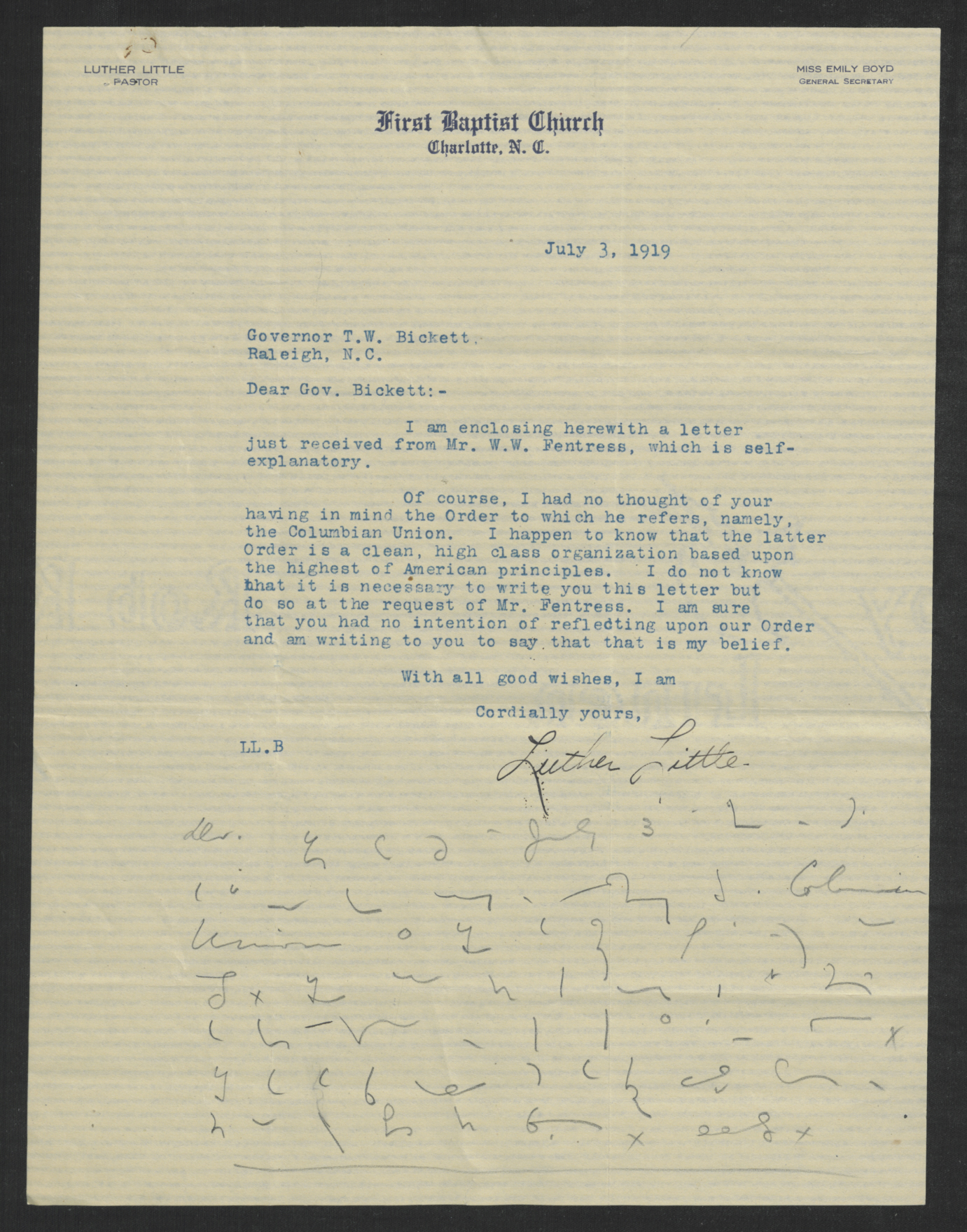 Letter from Luther Little to Gov. Thomas W. Bickett, July 3, 1919