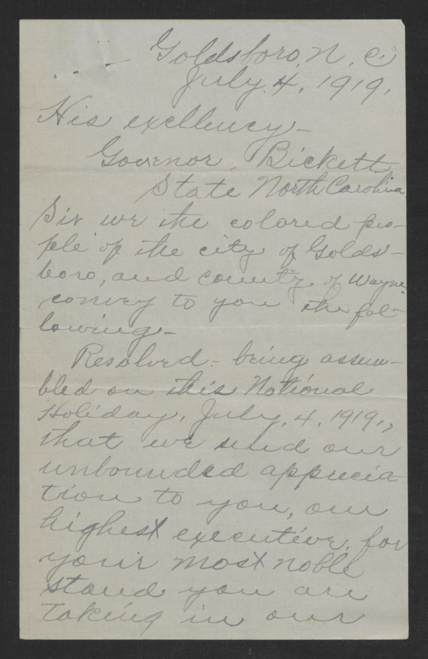 Resolution from African American Citizens of Goldsboro, N.C., July 4, 1919, page 1