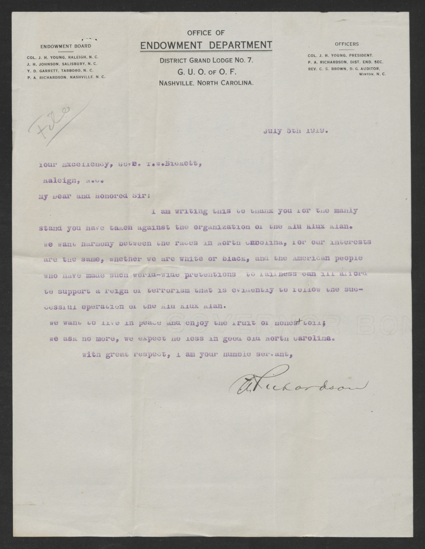 Letter from P. A. Richardson to Thomas W. Bickett, July 5, 1919