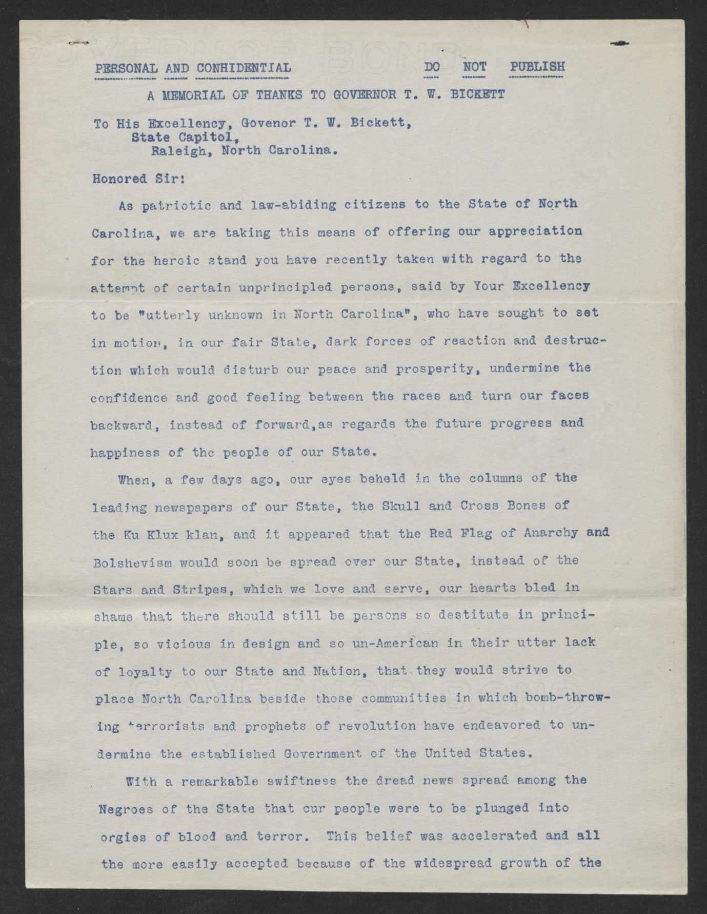 A Memorial of Thanks to Governor T. W. Bickett from the Citizens of Lexington, N.C., ca. July 1919, page 1