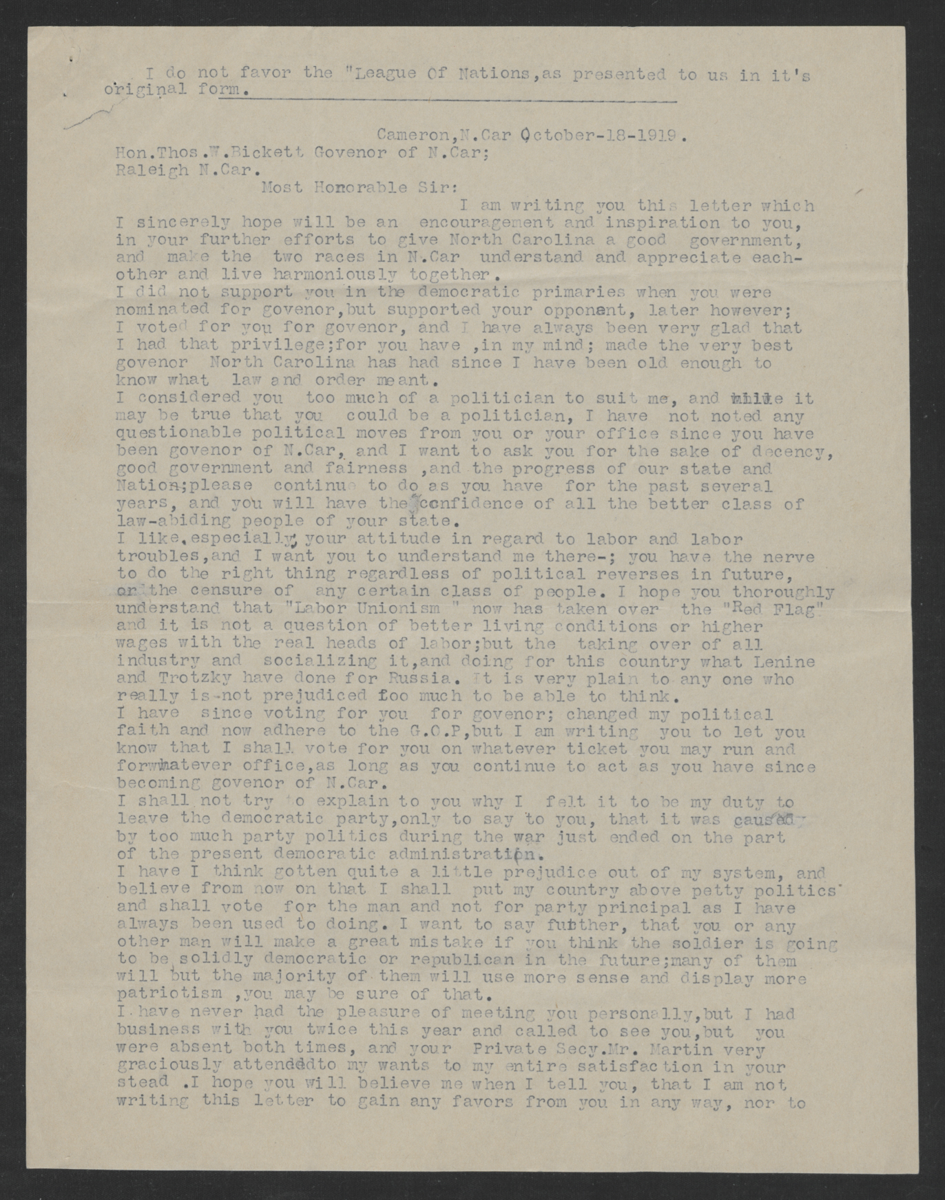 Letter from Luther A. Fink to Gov. Thomas W. Bickett, October 18, 1919, page 1