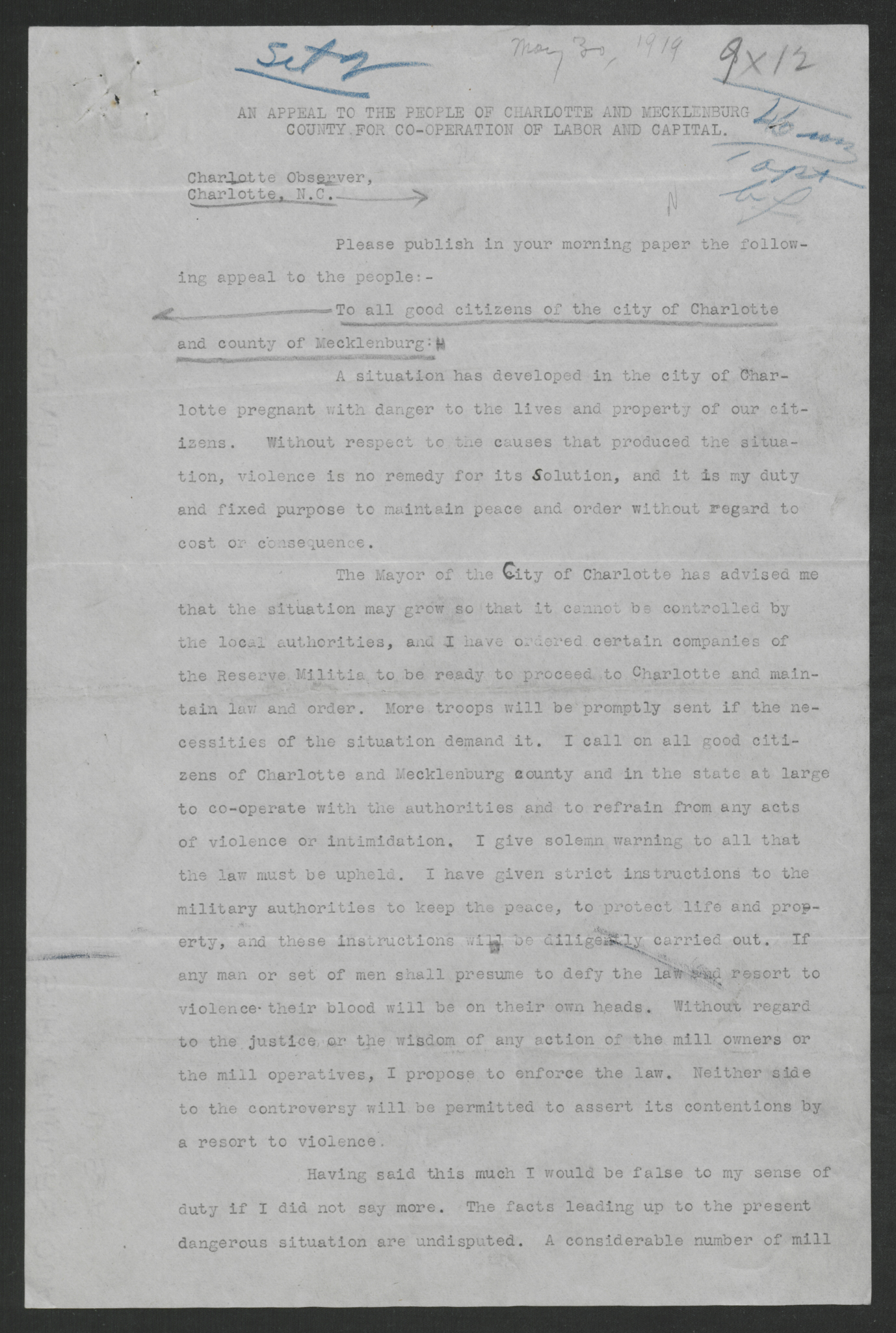 An Appeal to the People of Charlotte and Mecklenburg County for Co-operation of Labor and Capital by Gov. Thomas W. Bickett, May 30, 1919, page 1