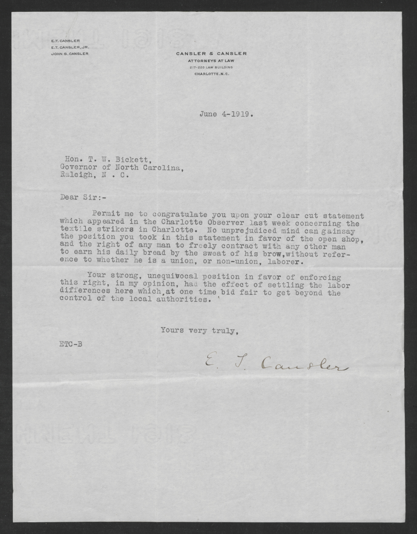 Letter from Edwin T. Cansler to Thomas W. Bickett, June 4, 1919