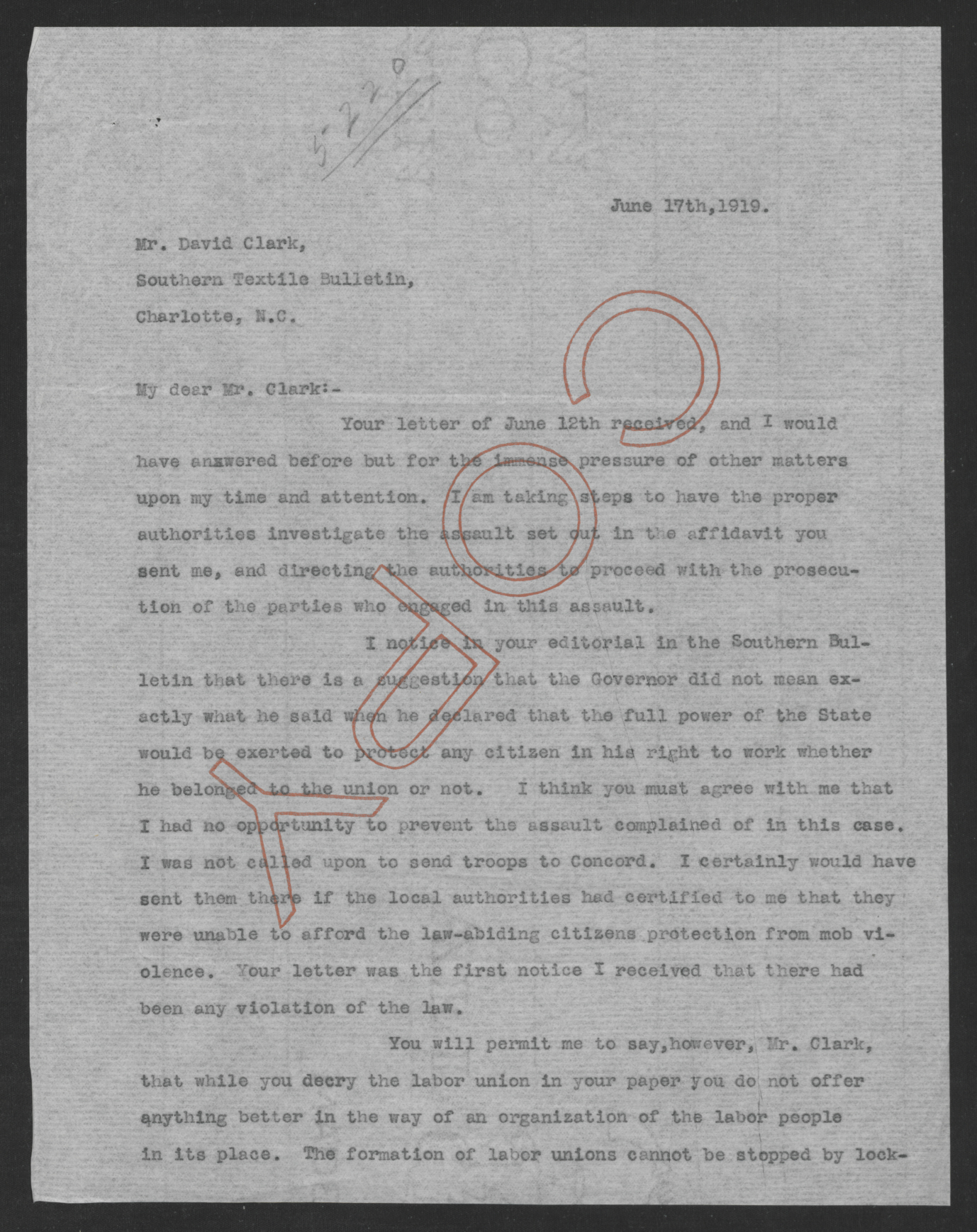 Letter from Thomas W. Bickett to David Clark, June 17, 1919, page 1