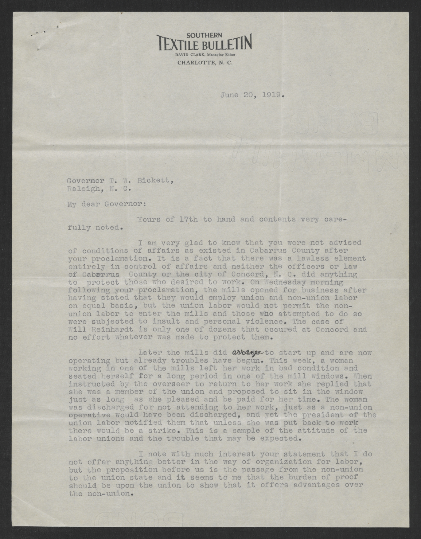 Letter from David Clark to Thomas W. Bickett, June 20, 1919, page 1