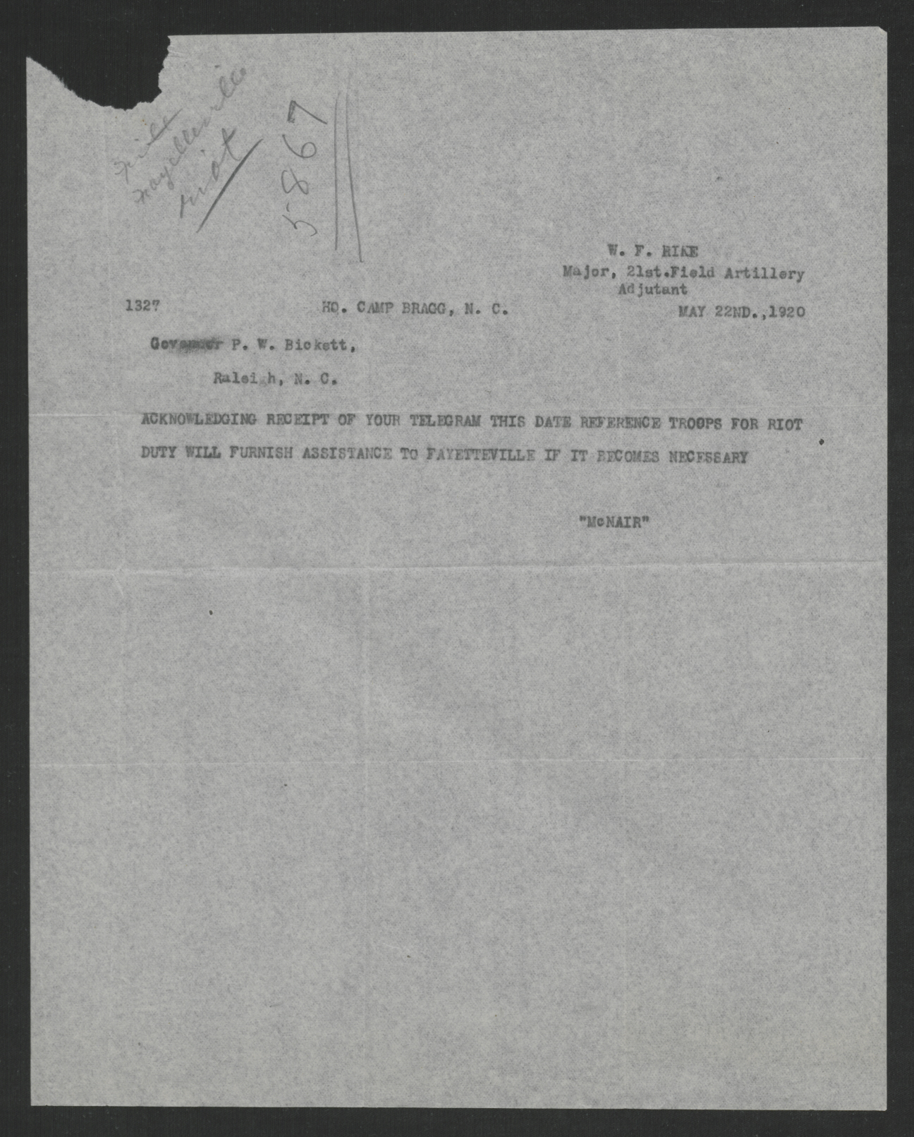 Telegram from W. S. McNair to Thomas W. Bickett, May 22, 1920