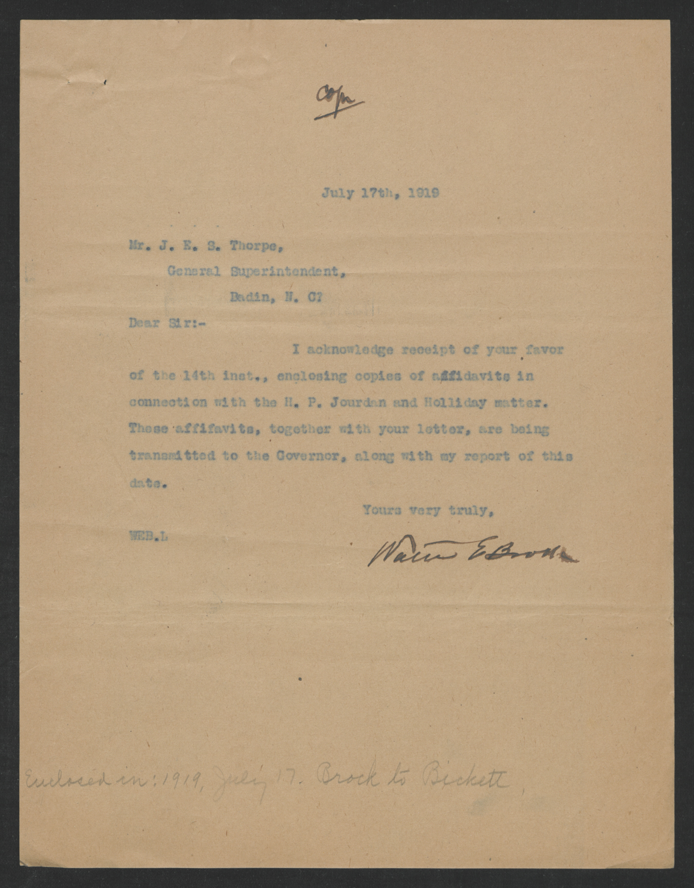 Letter from Walter E. Brock to John E. S. Thorpe, July 17, 1919