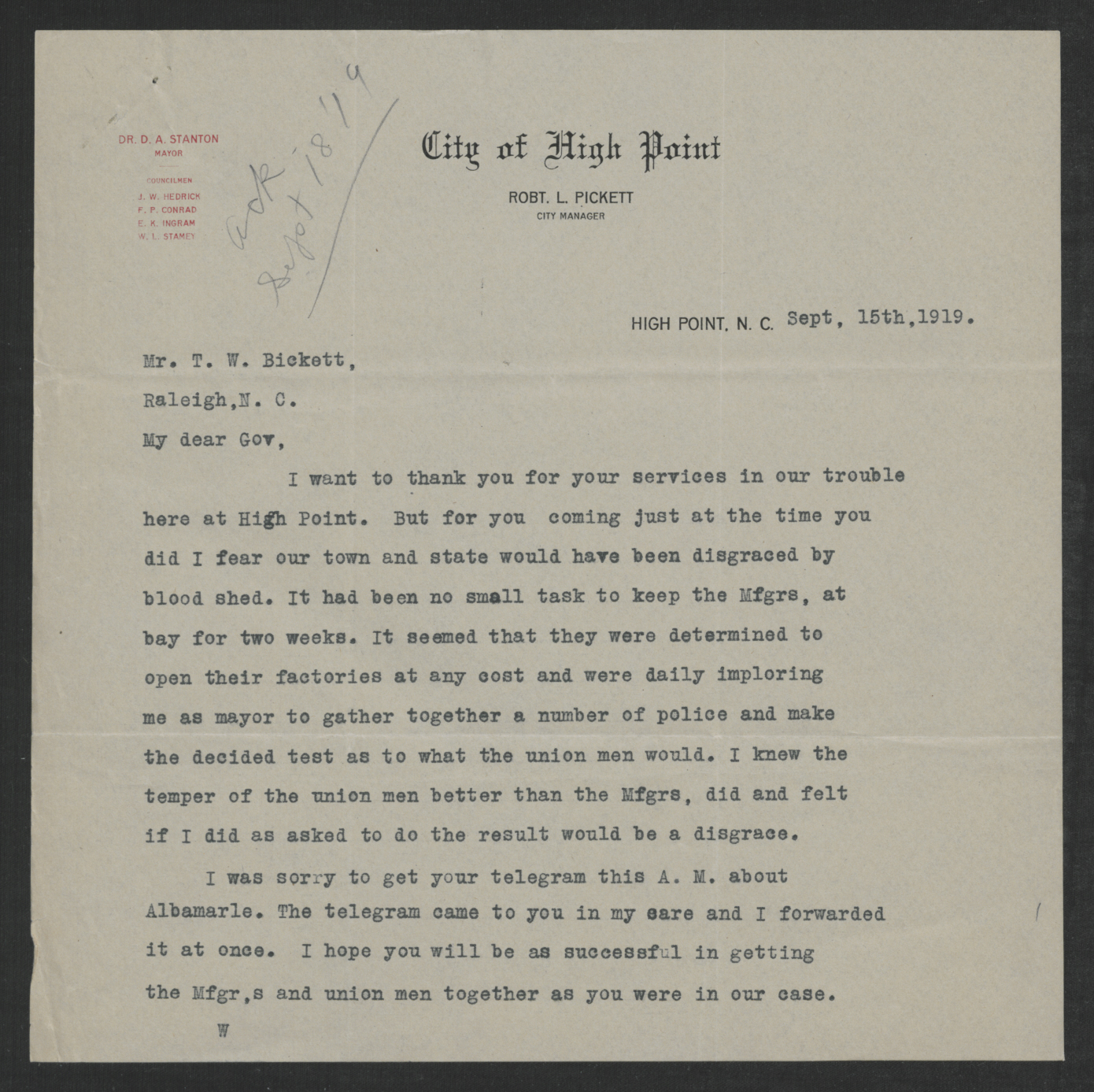 Letter from David A. Stanton to Thomas W. Bickett, September 15, 1919, page 1