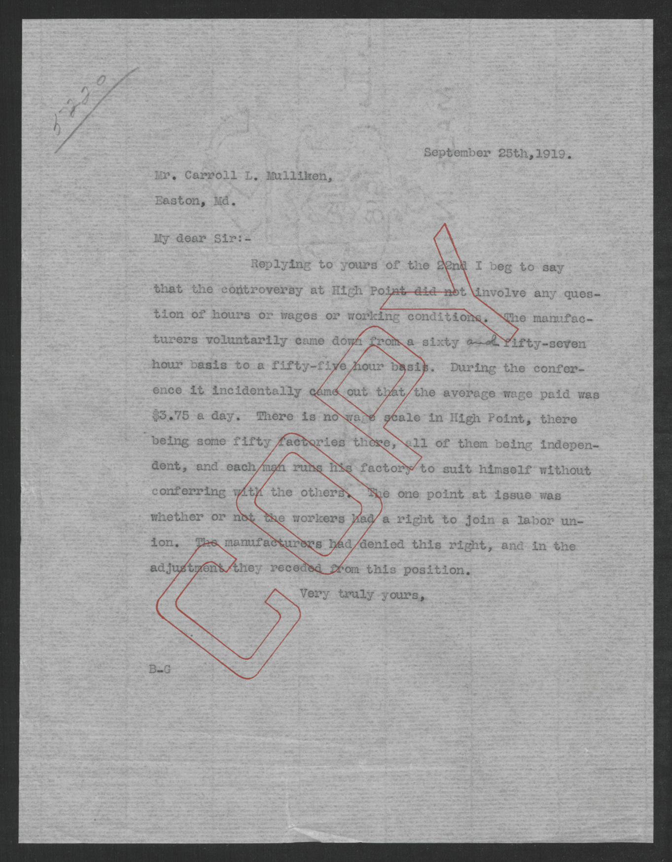 Letter from Thomas W. Bickett to Carroll L. Mulliken, September 25, 1919