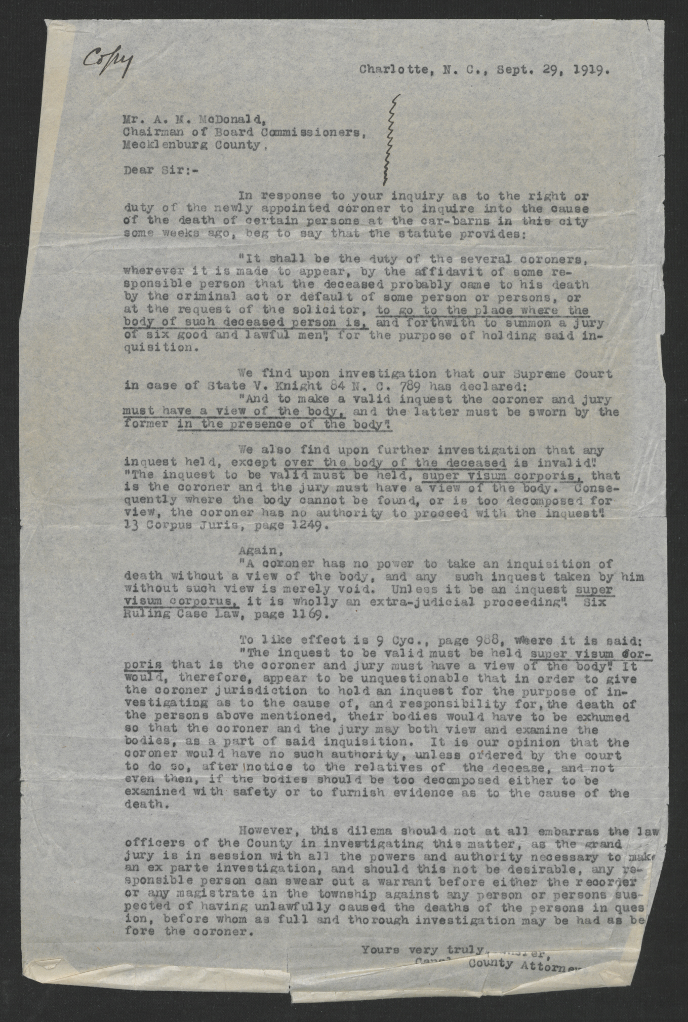 Letter from Unknown Author to Angus M. McDonald, September 29, 1919