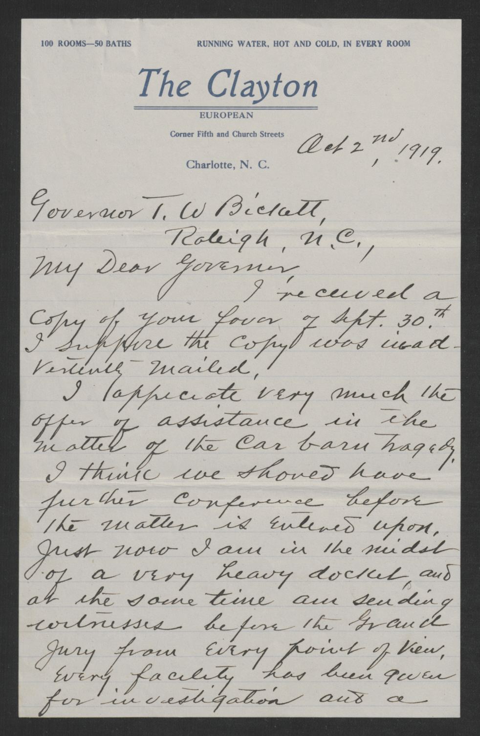 Letter from George W. Wilson to Thomas W. Bickett, October 2, 1919, page 1