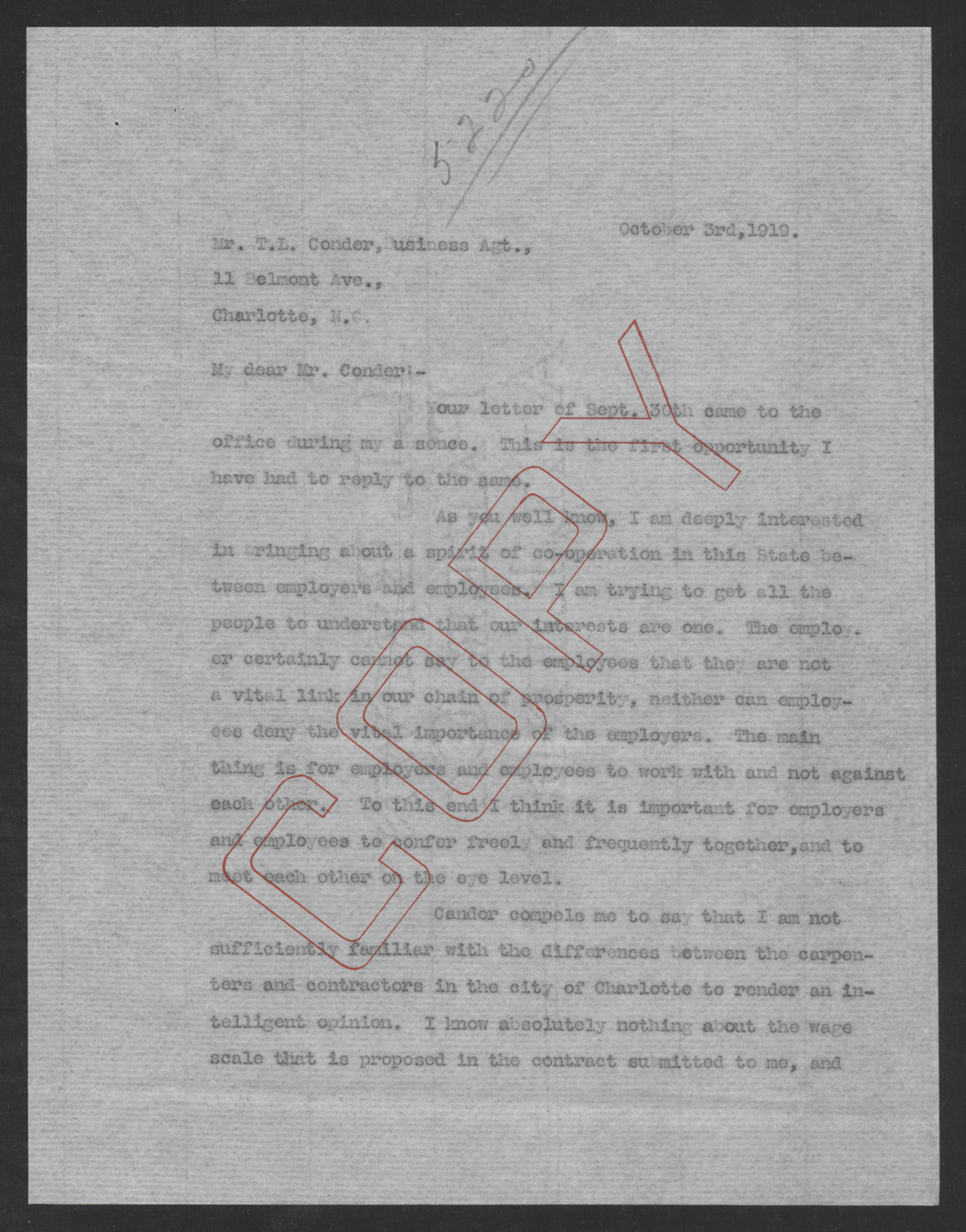 Letter from Thomas W. Bickett to Thomas L. Conder, October 3, 1919, page 1