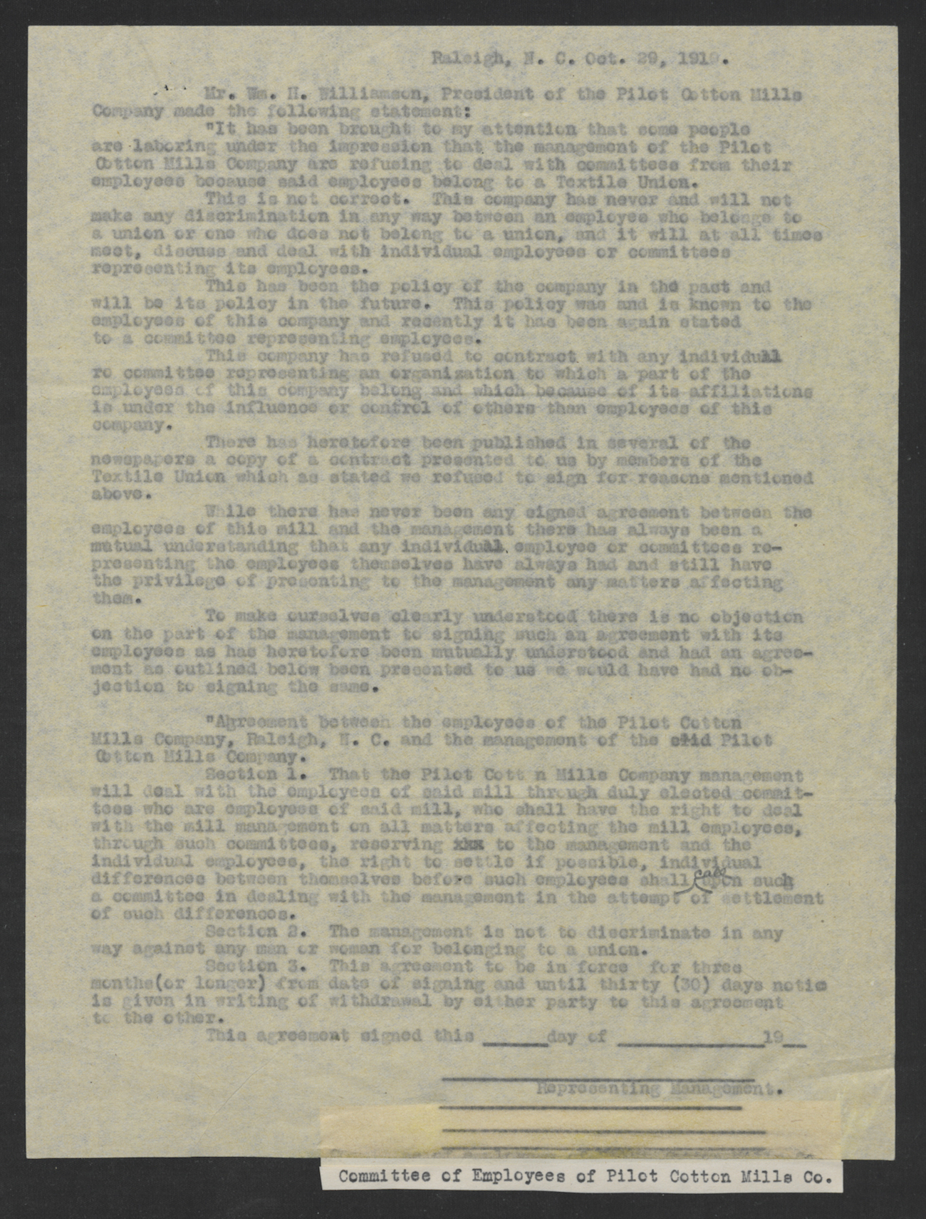 Public Statement by William H. Williamson, President of the Pilot Cotton Mills Company, October 29, 1919