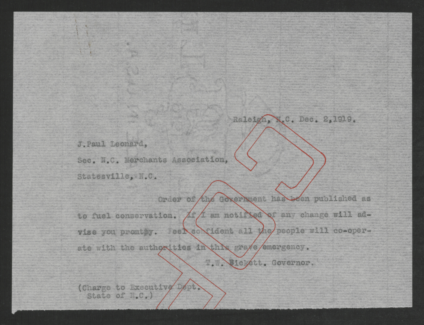 Telegram from Thomas W. Bickett to Joseph P. Leonard, December 2, 1919