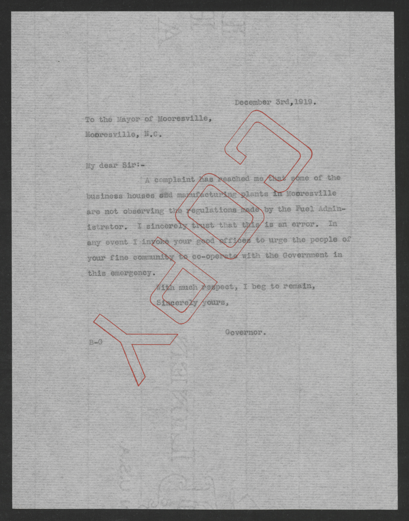 Letter from Thomas W. Bickett to Charles P. McNeely, December 3, 1919