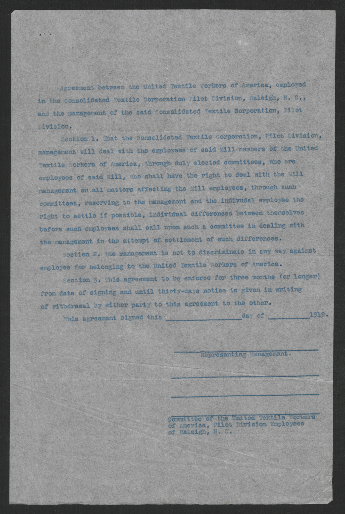 Agreement between the Employees and Management of the Consolidated Textile Corporation Pilot Division, 1919