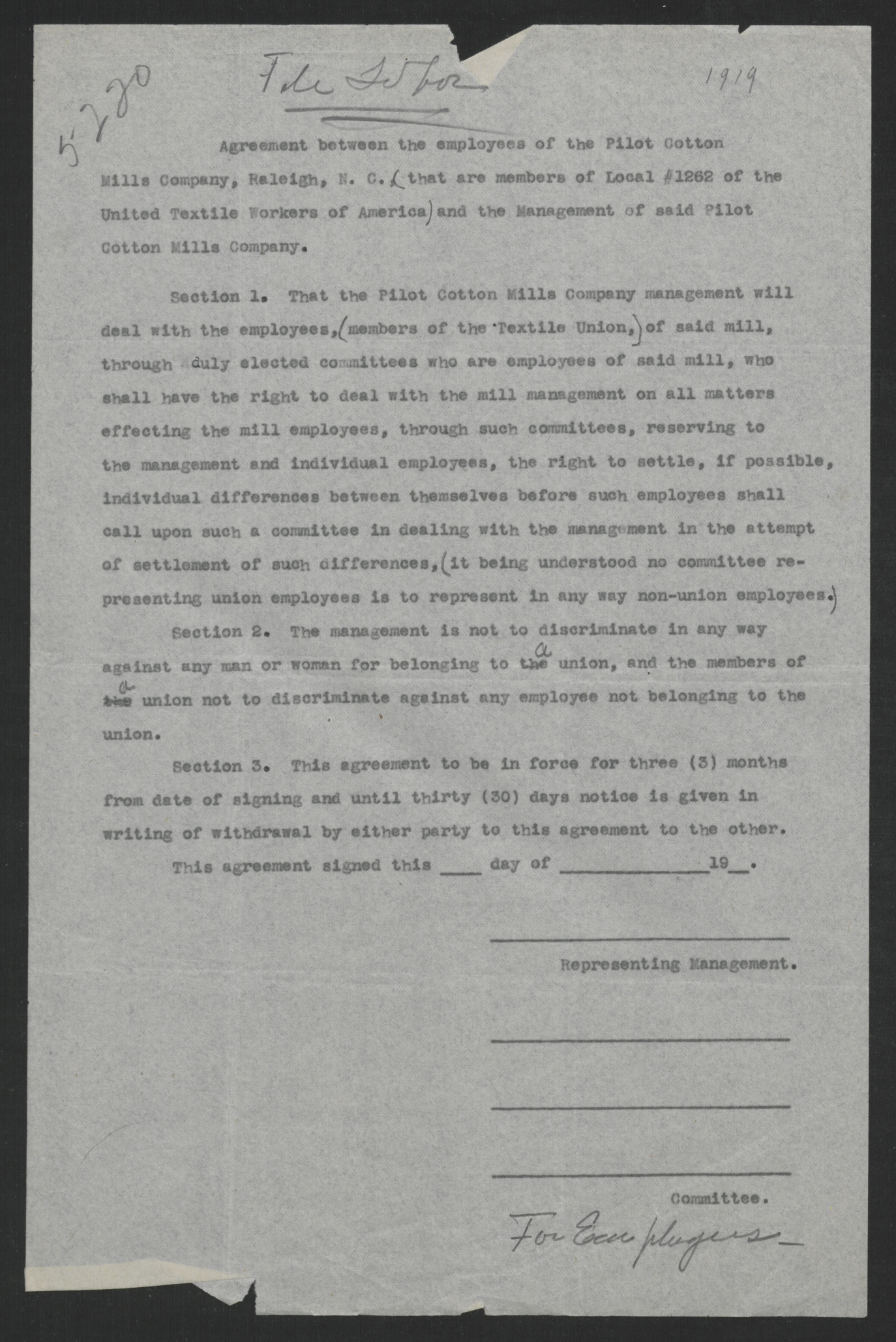 Agreement between the Employees and Management of the Pilot Cotton Mills Company, 1919