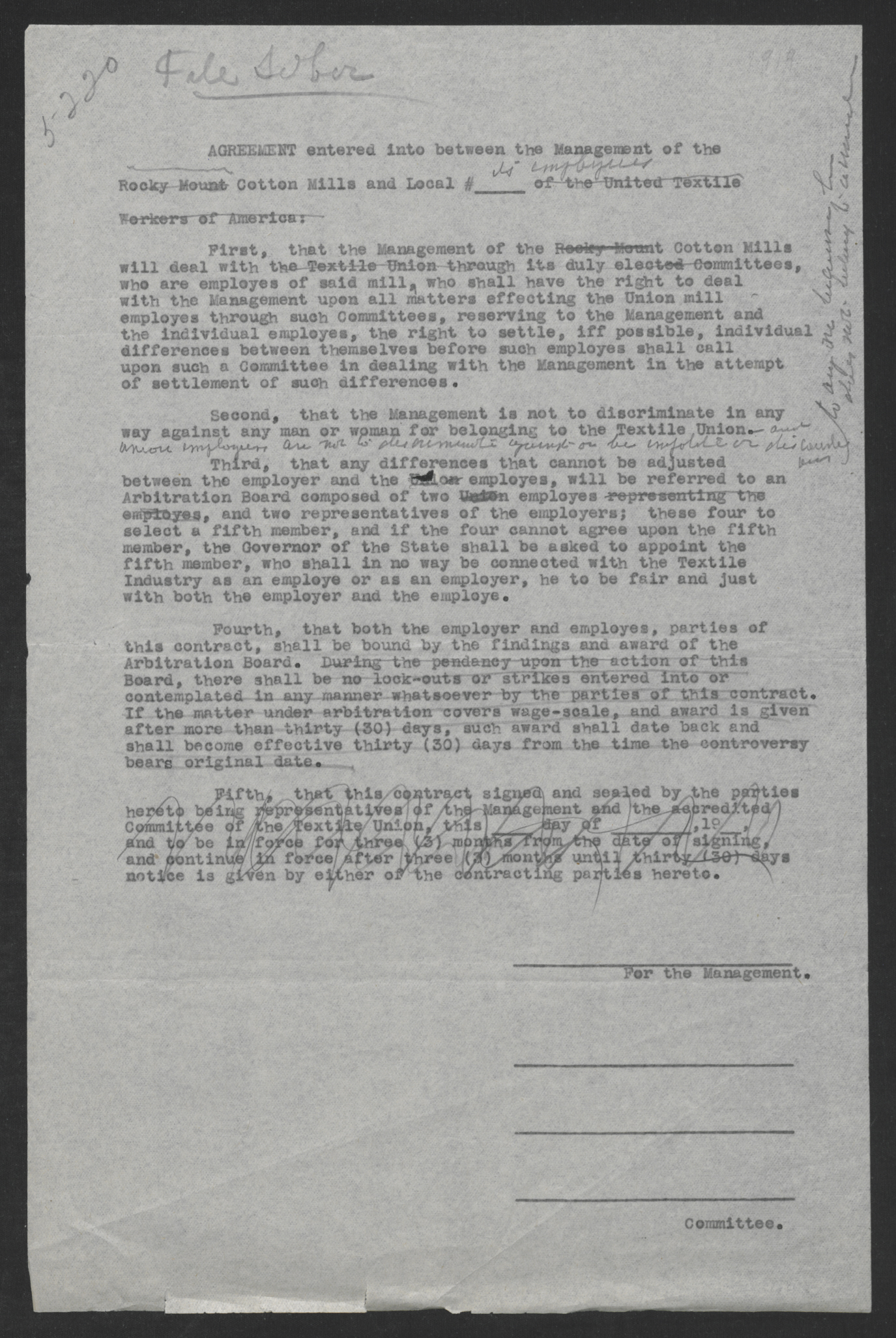 Agreement between the Employees and Management of Rocky Mount Cotton Mills, 1919