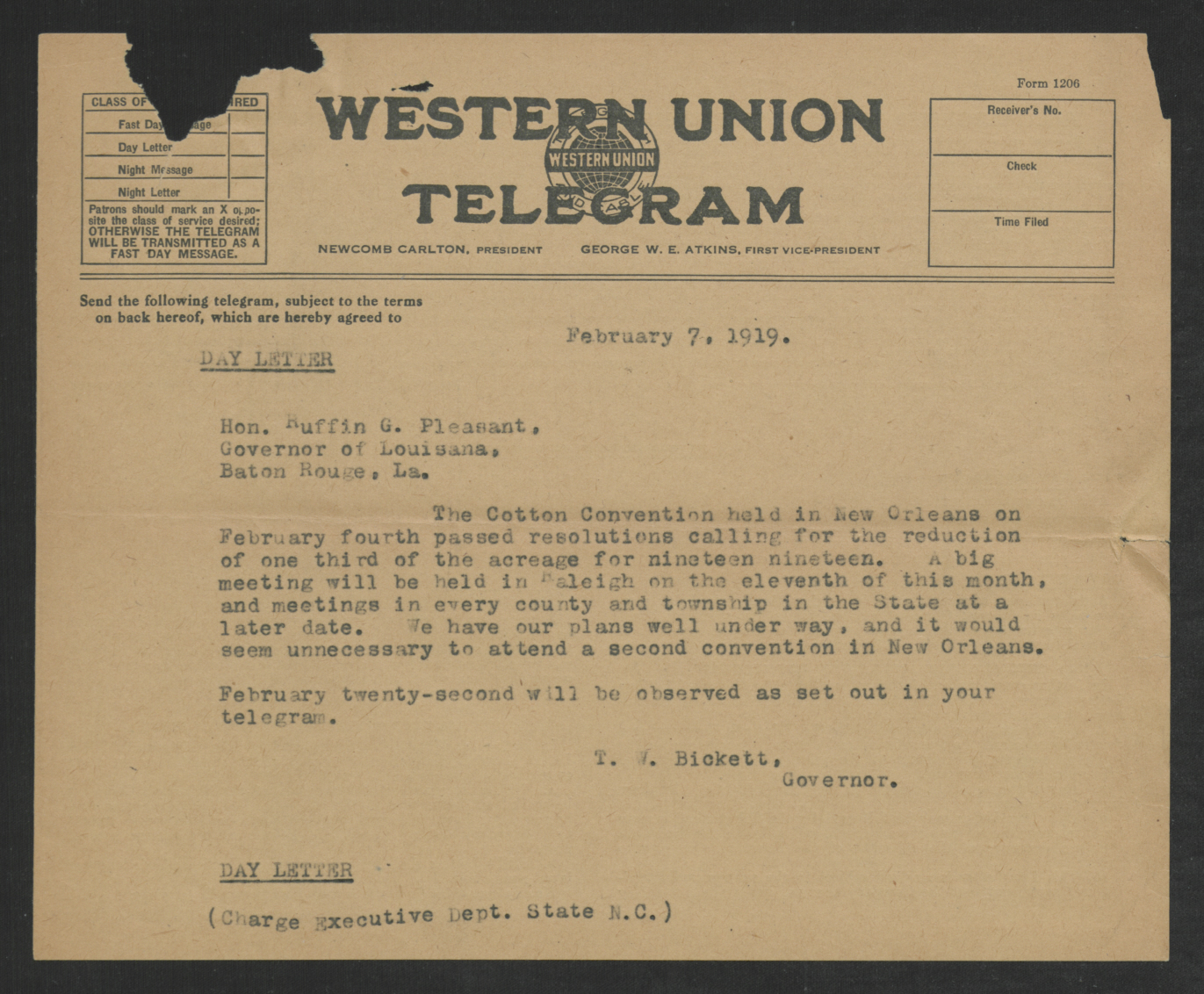 Telegram from Thomas W. Bickett to Ruffin G. Pleasant, February 7, 1919