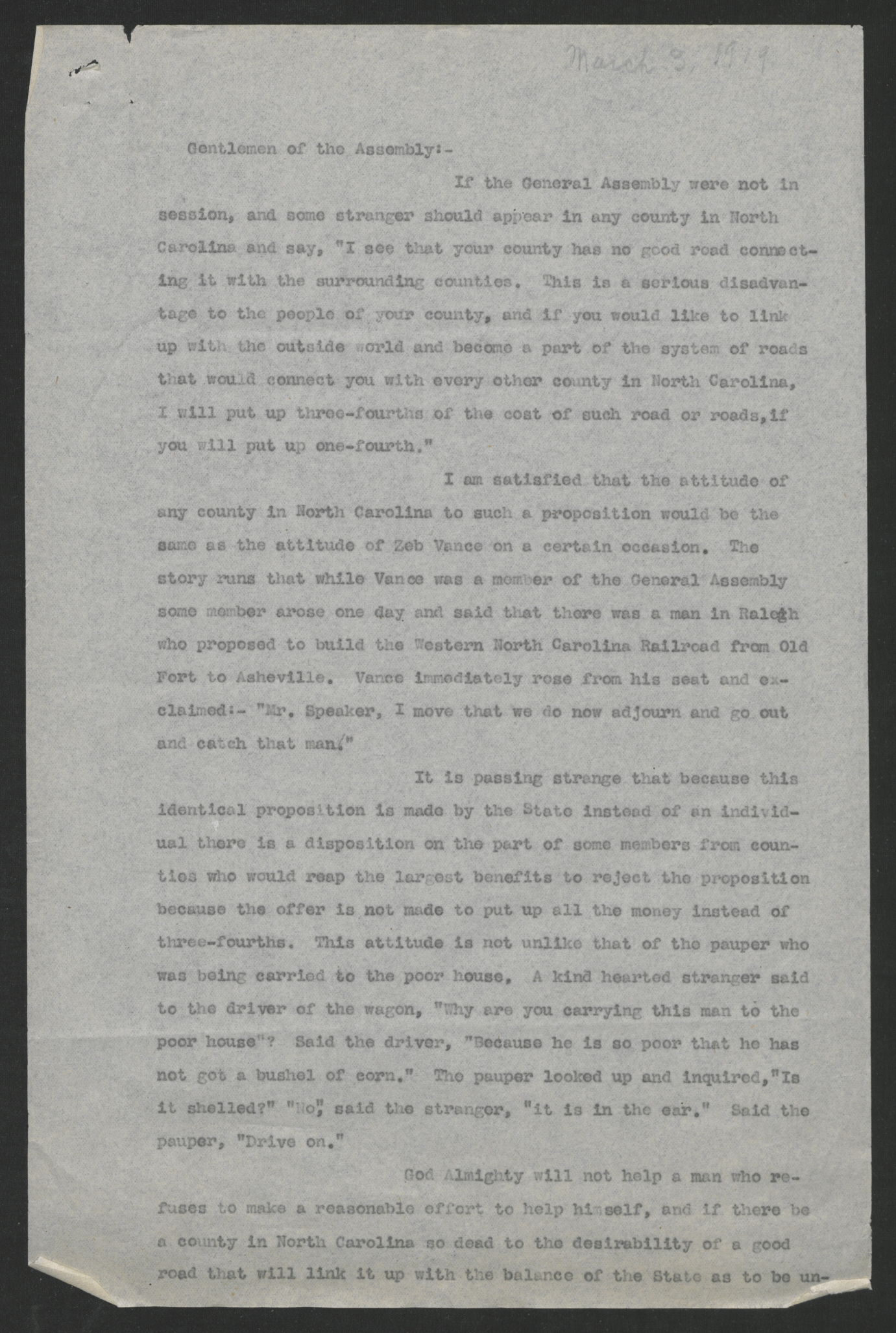 Message of Governor Thomas W. Bickett to the General Assembly, March 3, 1919, page 1