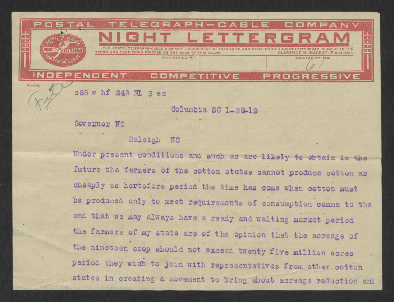 Telegram from Robert A. Cooper to Thomas W. Bickett, January 28, 1919, page 1