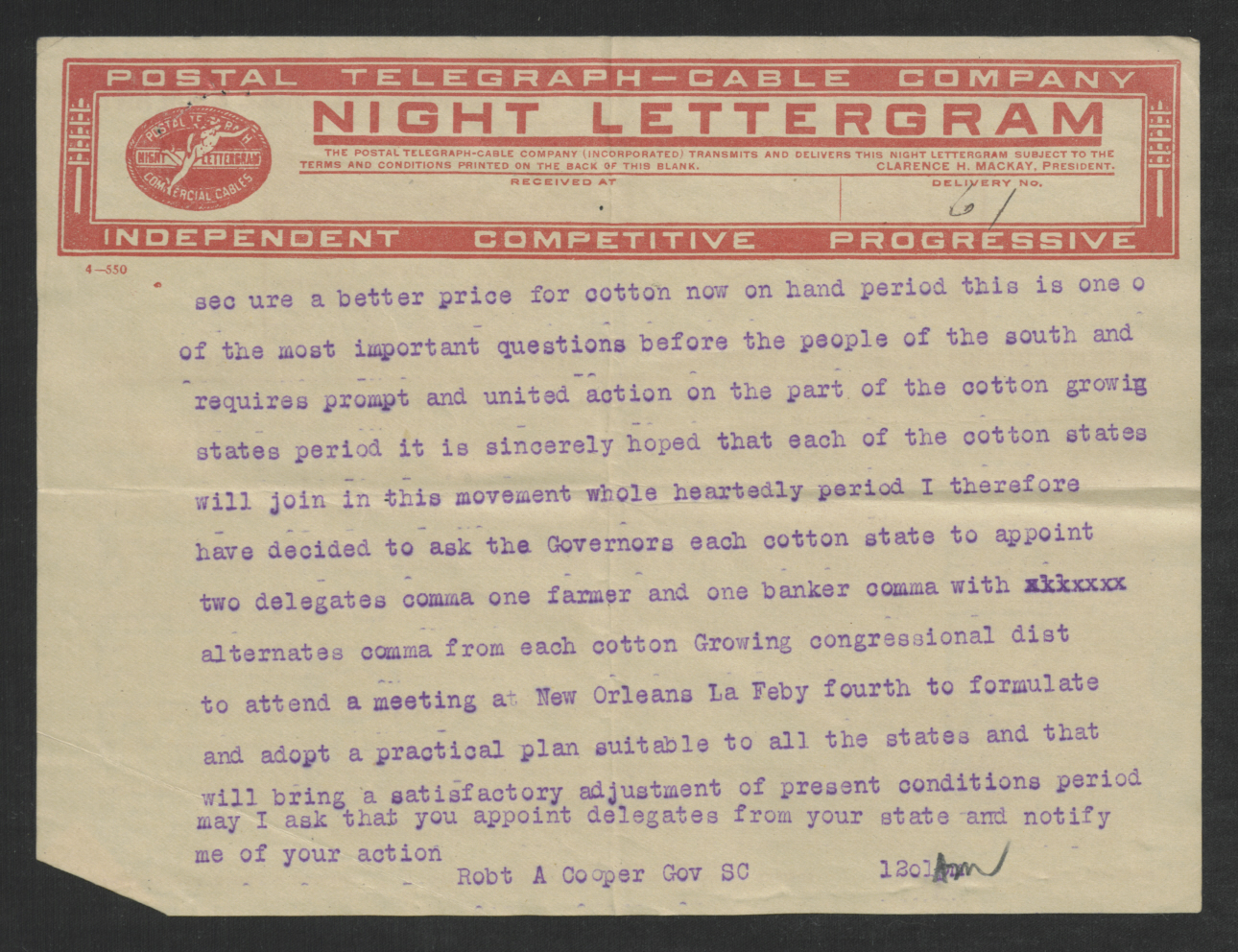 Telegram from Robert A. Cooper to Thomas W. Bickett, January 28, 1919, page 2