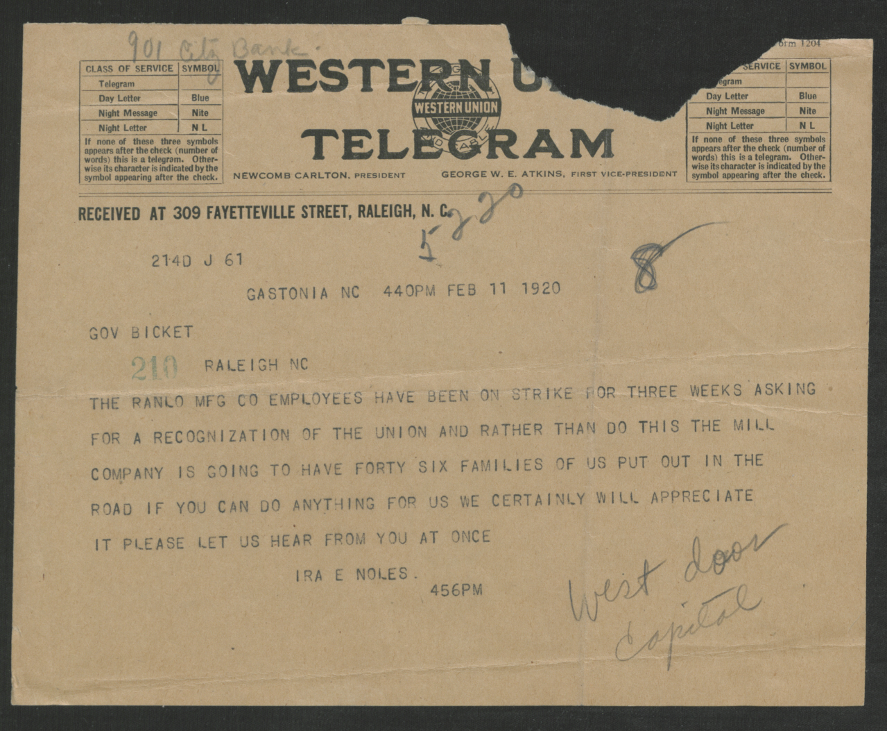 Telegram from Ira E. Noles to Thomas W. Bickett, February 11, 1920