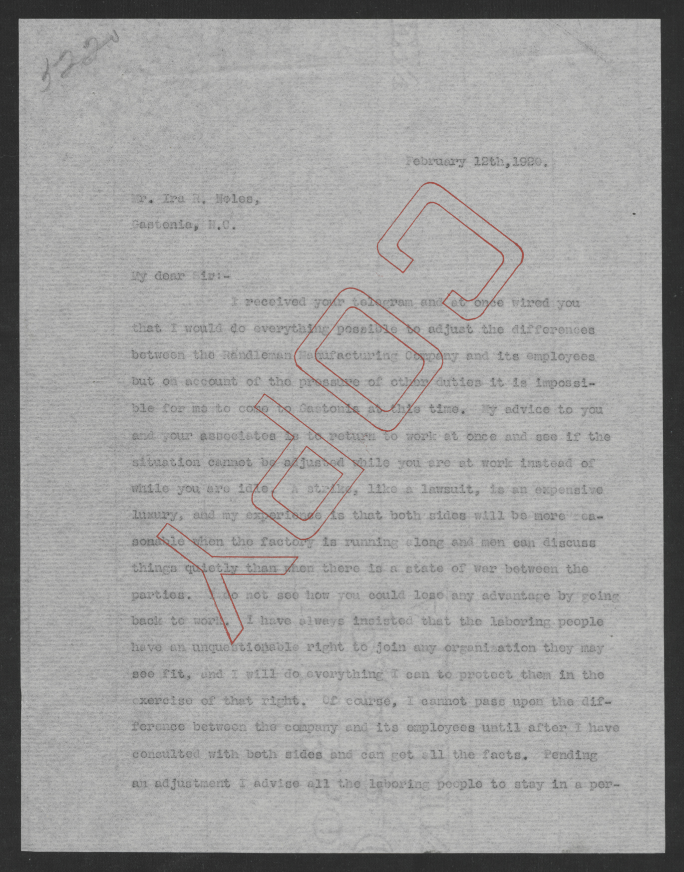 Letter from Thomas W. Bickett to Ira E. Noles, February 12, 1920, page 1