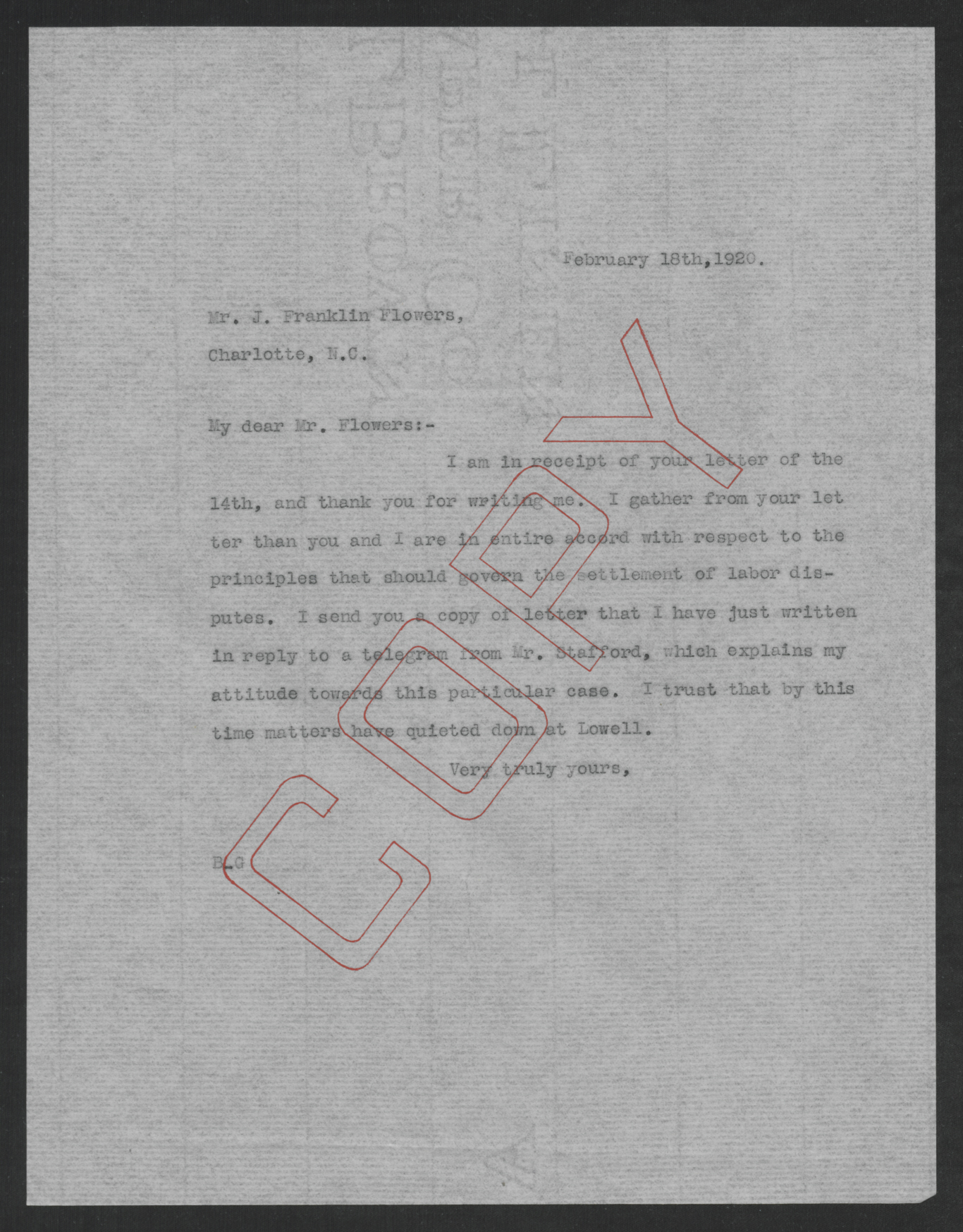 Letter from Thomas W. Bickett to John F. Flowers, February 18, 1920