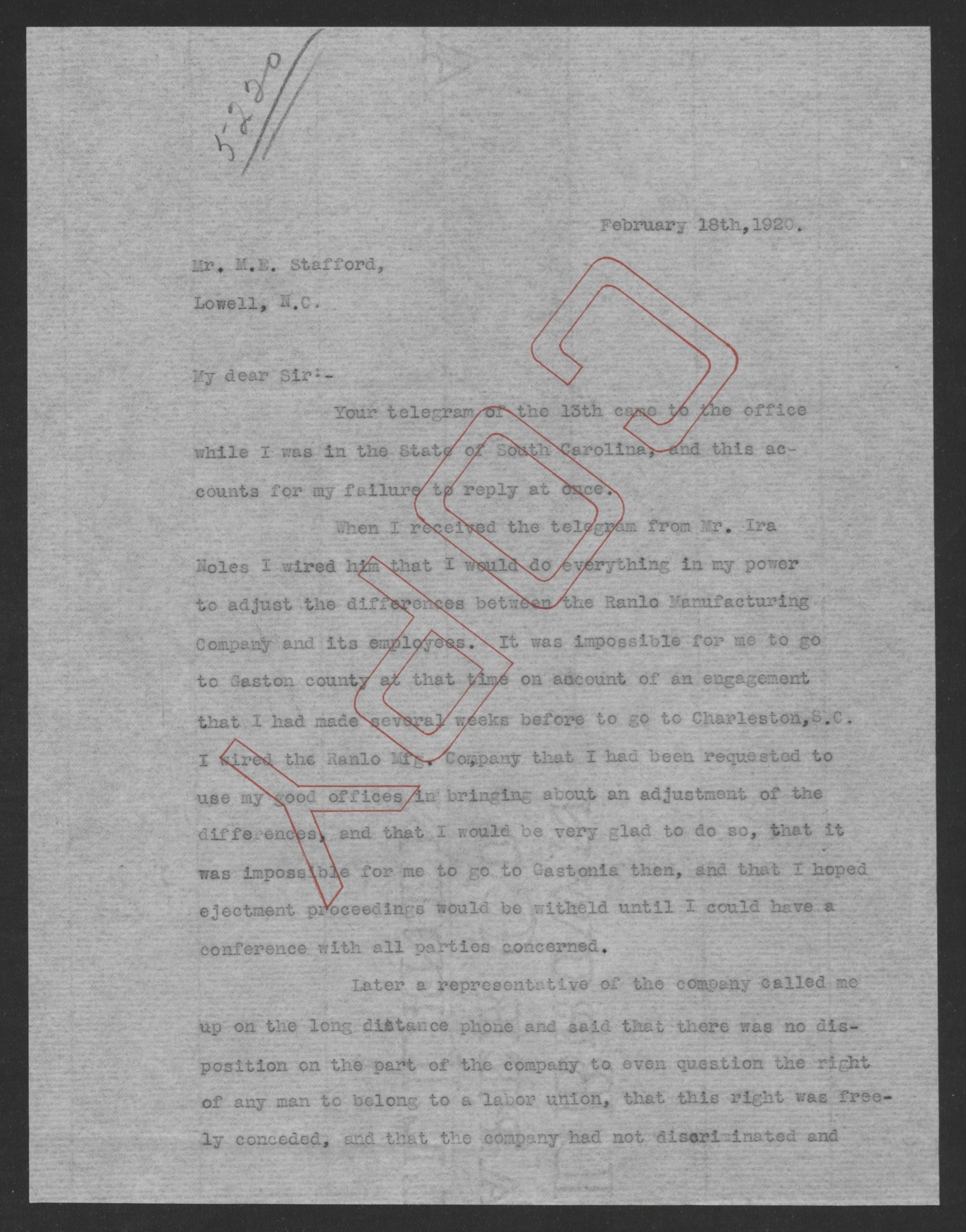 Letter from Thomas W. Bickett to M. E. Stafford, February 18, 1920, page 1