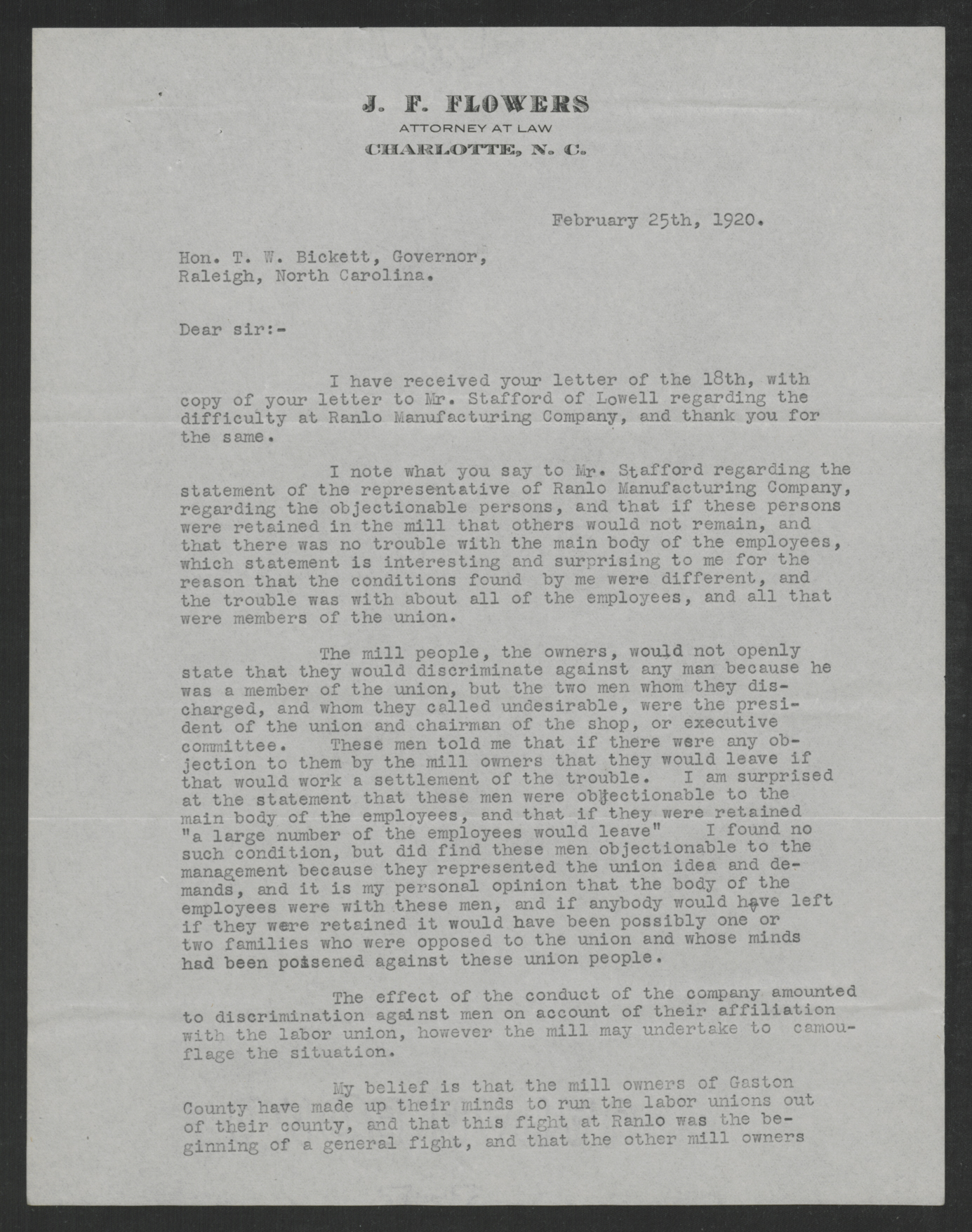 Letter from John F. Flowers to Thomas W. Bickett, February 25, 1920, page 1