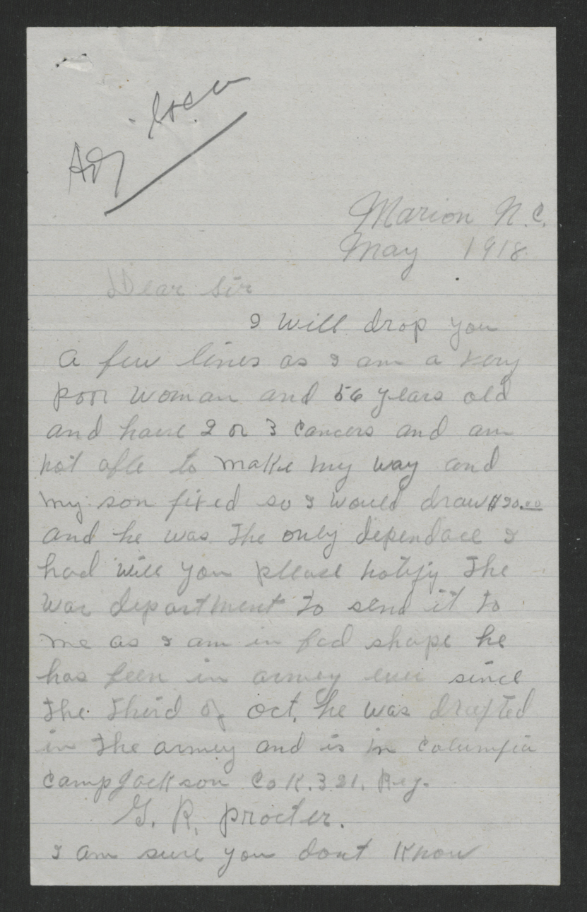 Letter from Harriett H. Proctor to Thomas W. Bickett, May 1918, page 1