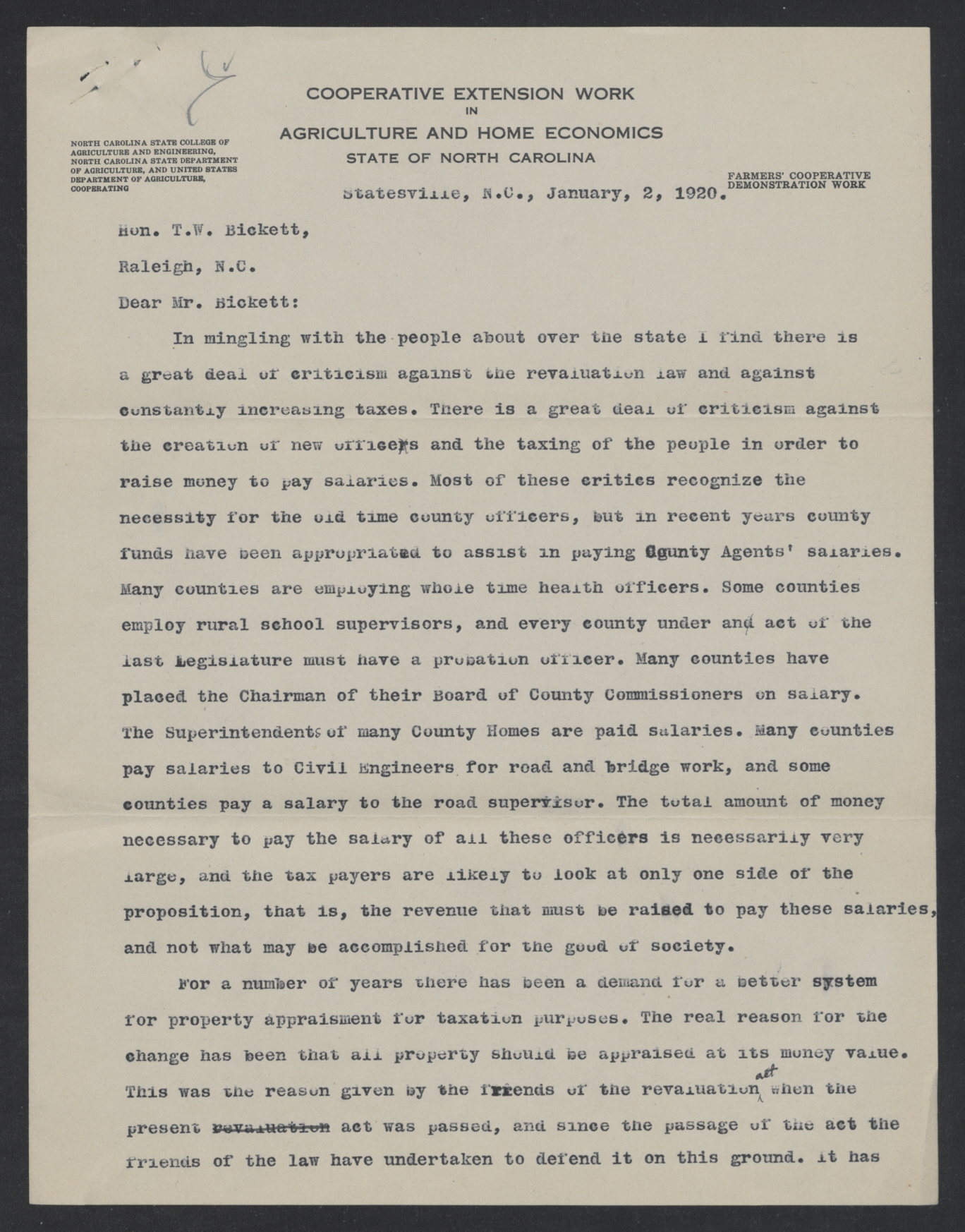 Letter from Elliott S. Millsaps to Thomas W. Bickett, January 2, 1920, page 1