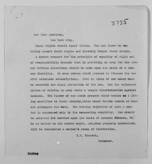 Telegram from Thomas W. Bickett to the New York American, April 1917