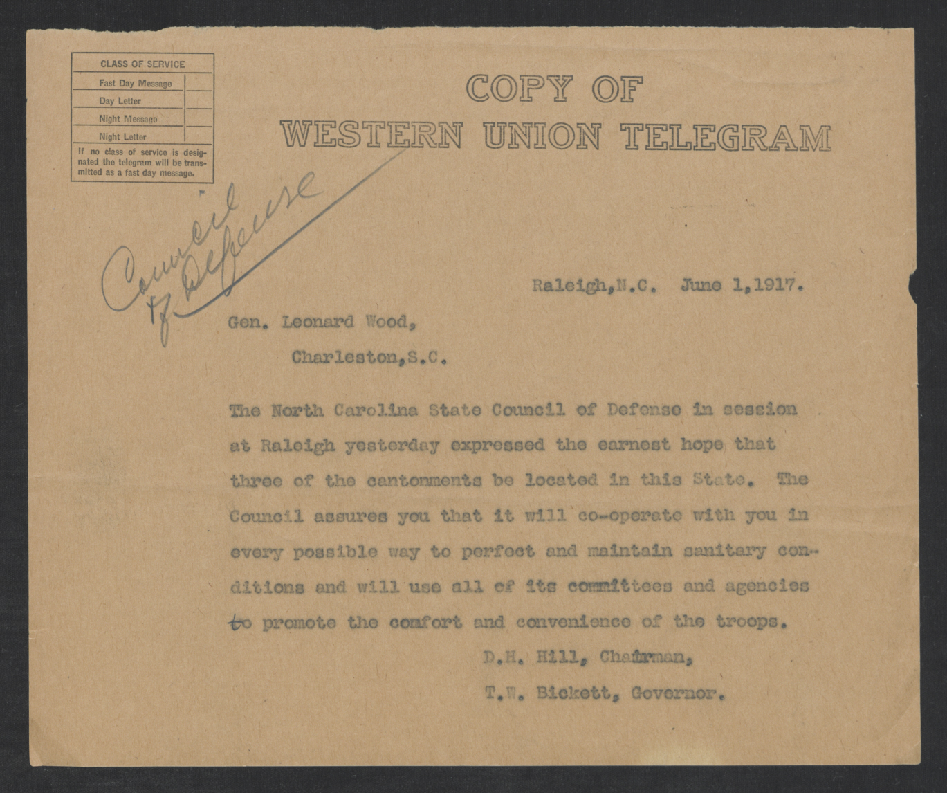 Telegram from Daniel H. Hill and Thomas W. Bickett to Leonard Wood, June 1, 1917