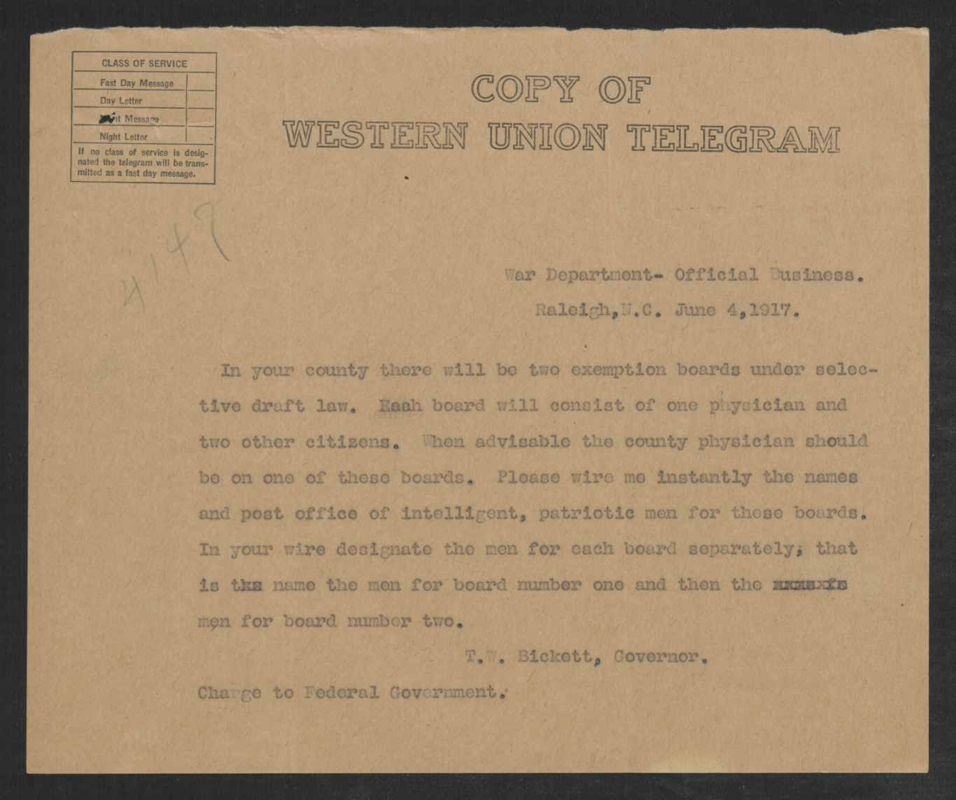 Telegram from Thomas W. Bickett, June 4, 1917