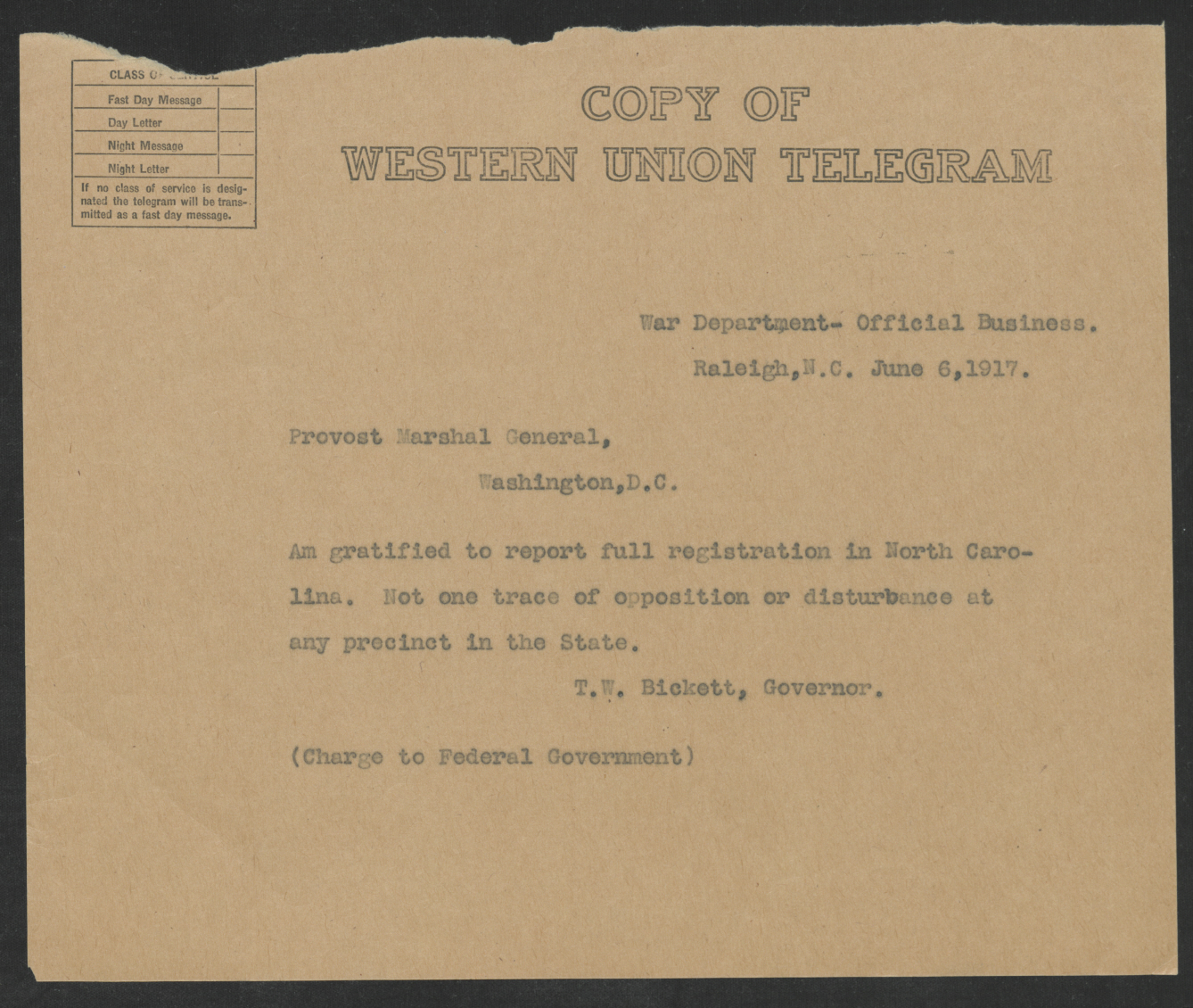 Telegram from Thomas W. Bickett to Enoch H. Crowder, June 6, 1917